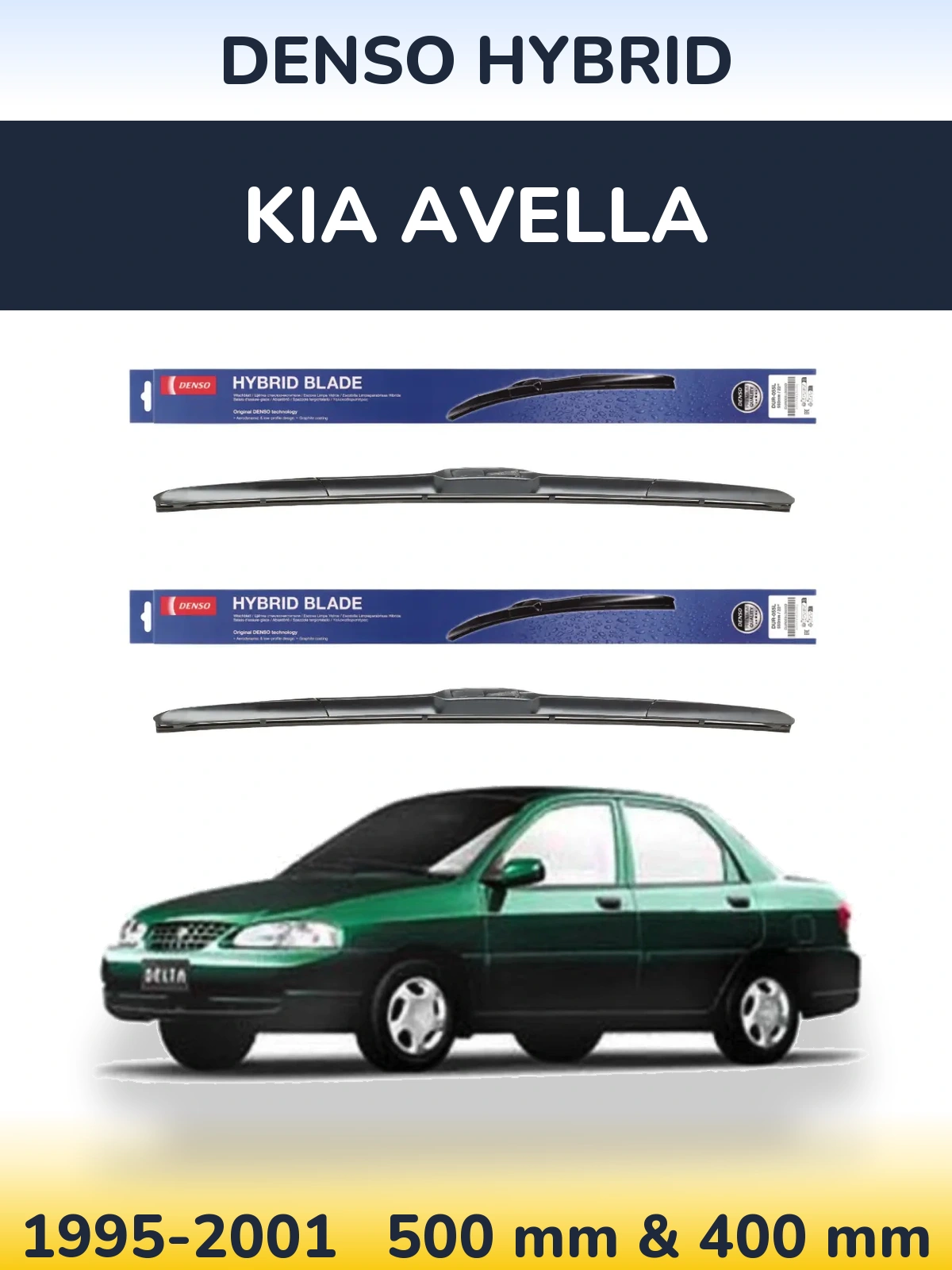 Komplet przednich wycieraczek Denso Hybrid 500 & 400 mm do KIA Avella 1995-2001
