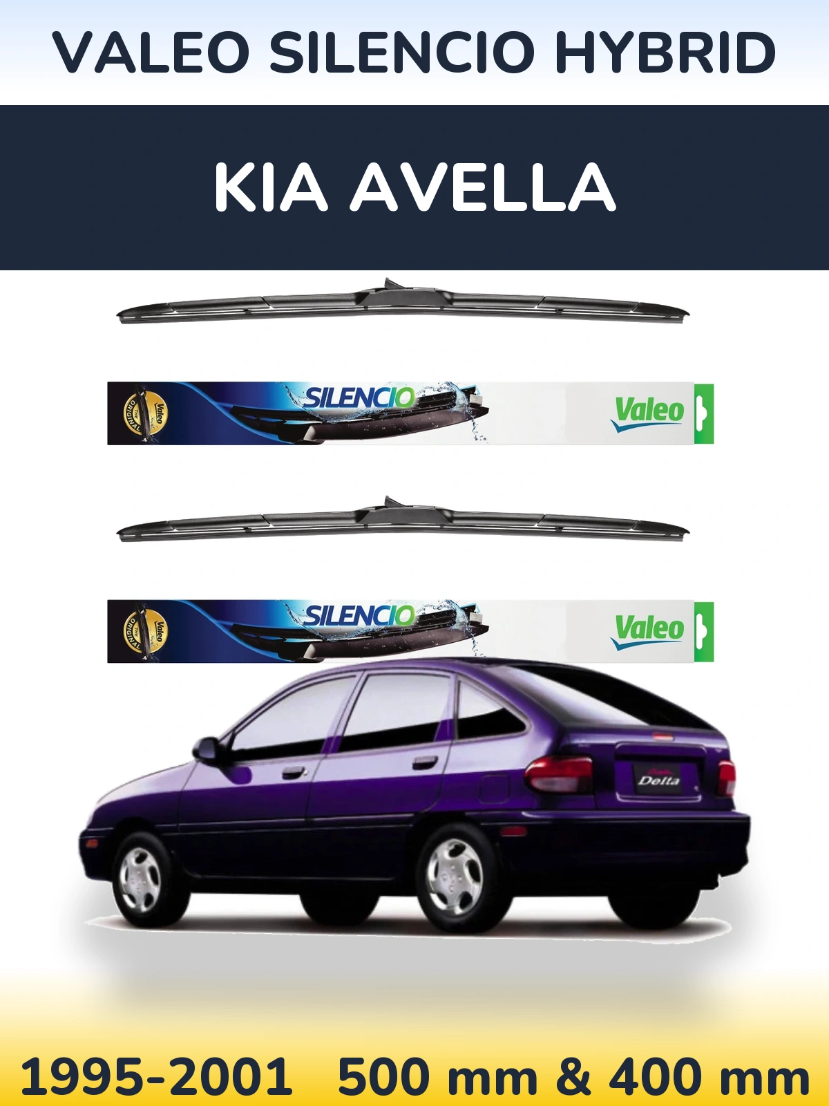 Front wiper blade set Valeo Silencio Hybrid 500 & 400 mm for KIA Avella 1995-2001