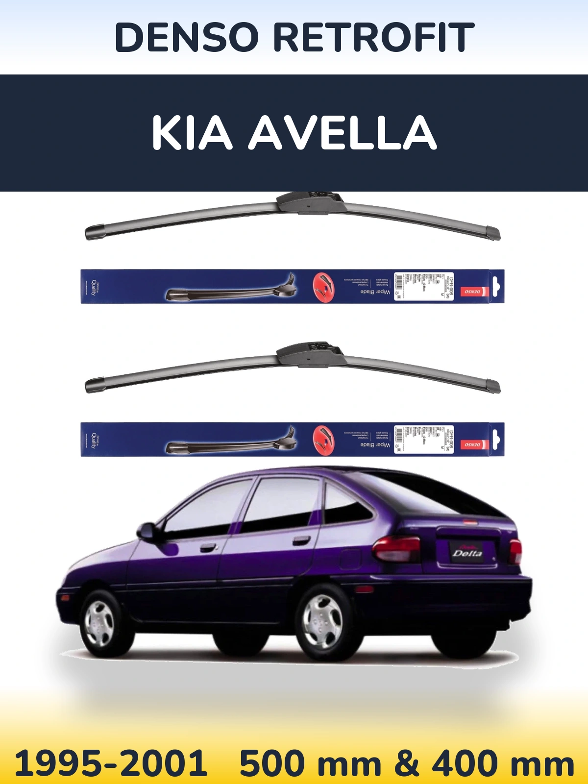 Front wiper blade set Denso Retrofit 500 & 400 mm for KIA Avella 1995-2001