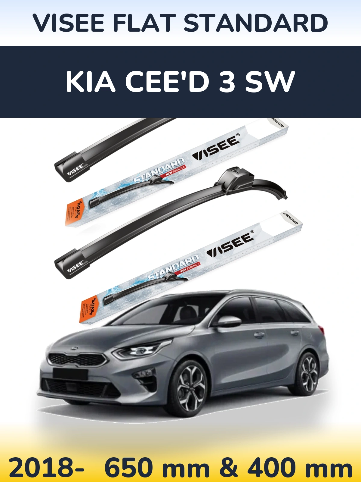 Komplet przednich wycieraczek VISEE FLAT STANDARD 650 & 400 mm do KIA Cee'd 3 SW 2018-2026