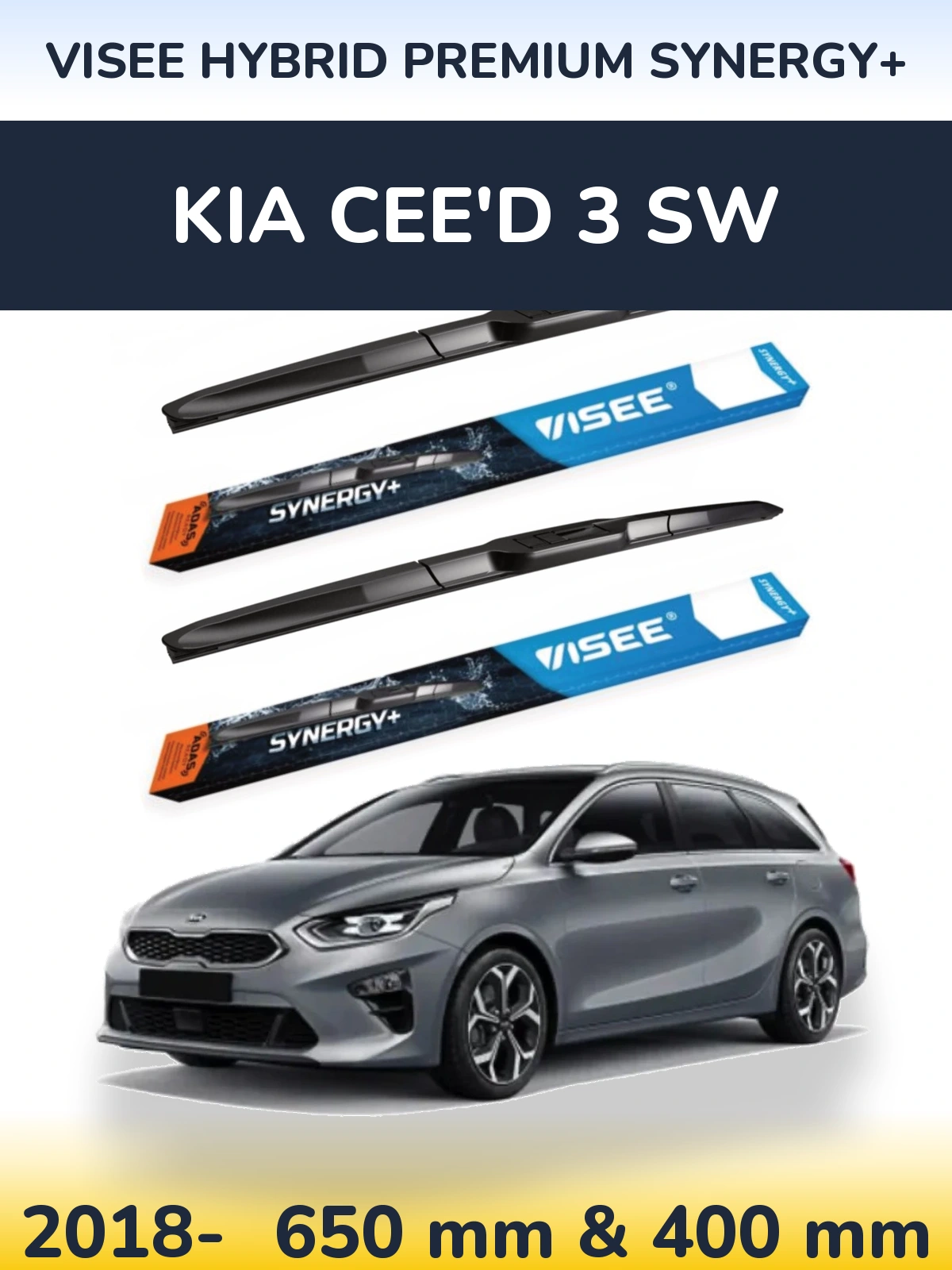 Komplet przednich wycieraczek VISEE HYBRID PREMIUM SYNERGY+ 650 & 400 mm do KIA Cee'd 3 SW 2018-2026