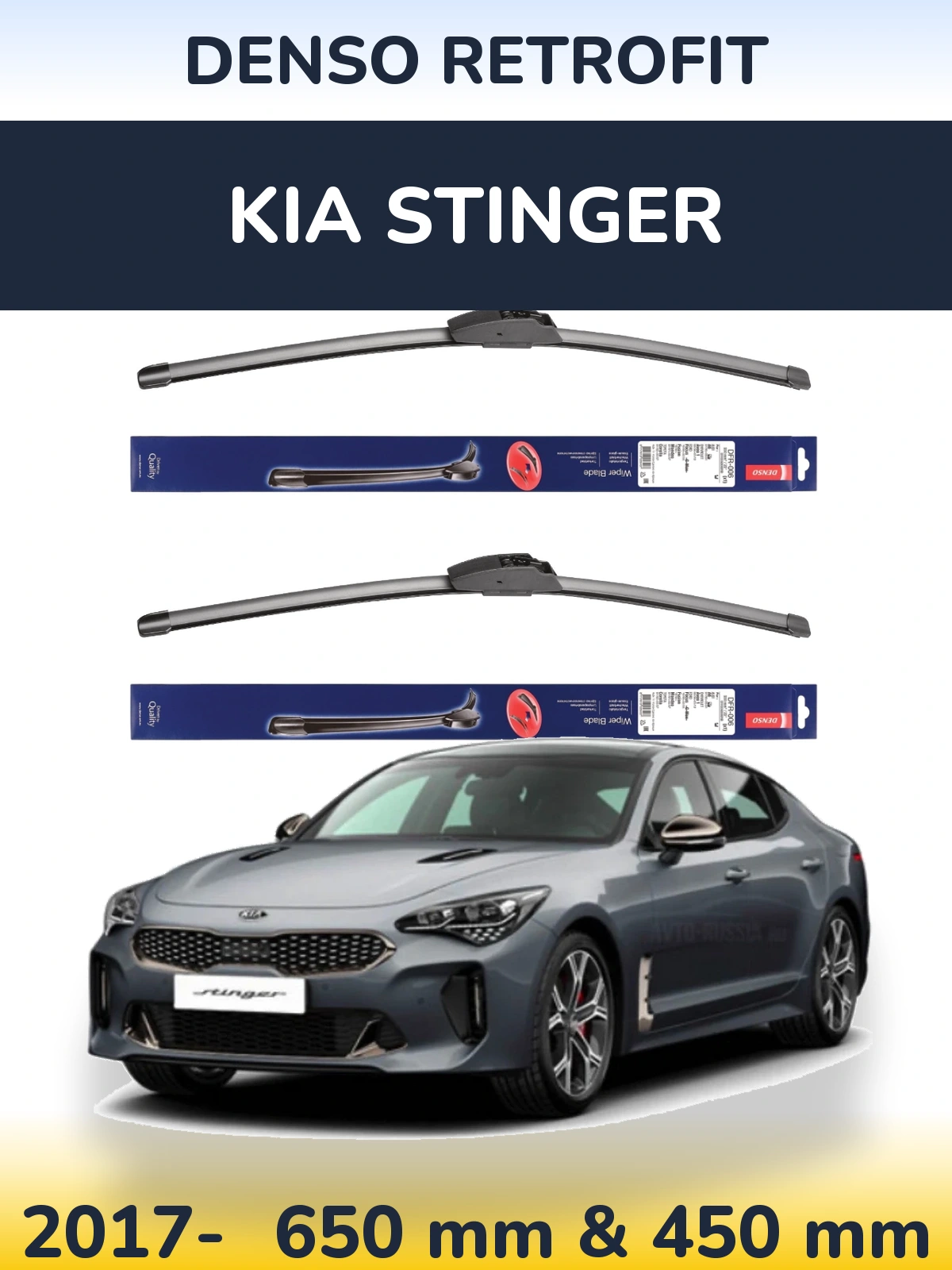 Komplet przednich wycieraczek Denso Retrofit 650 & 450 mm do KIA Stinger 2017-2026