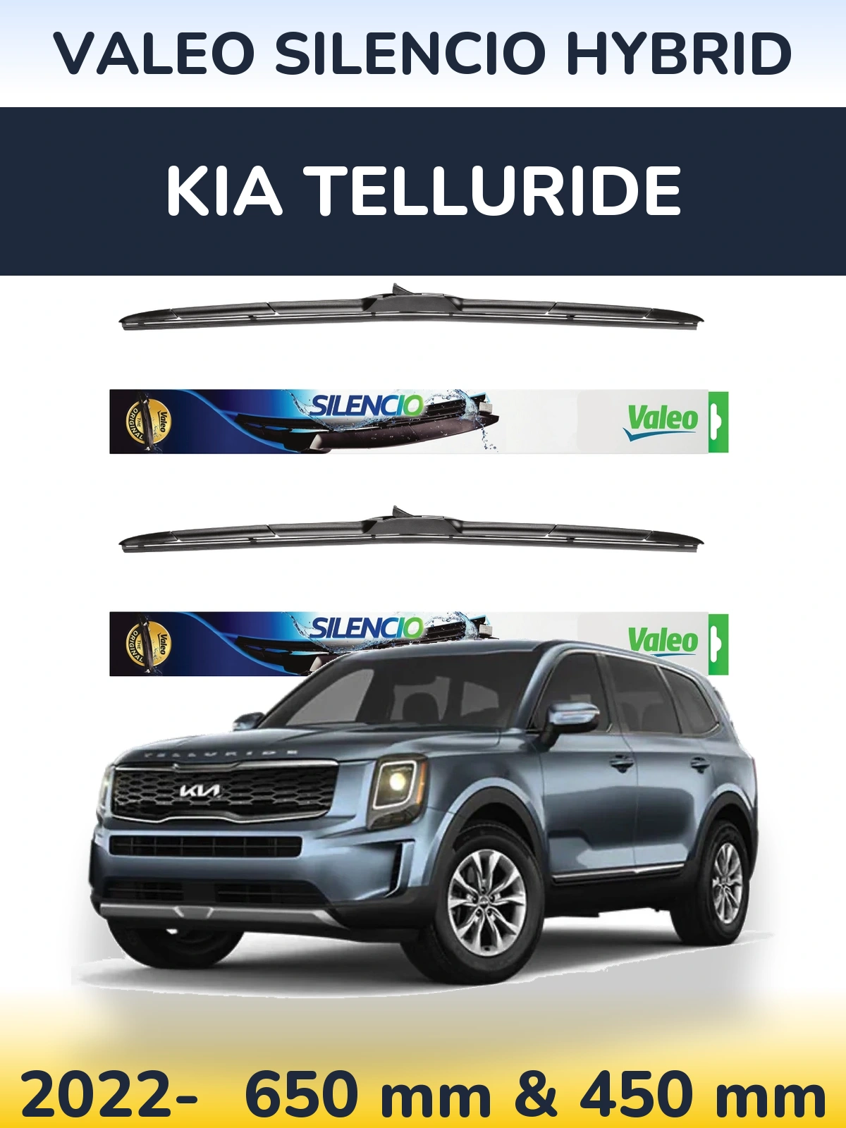 Front wiper blade set Valeo Silencio Hybrid 650 & 450 mm for KIA Telluride 2022-2026