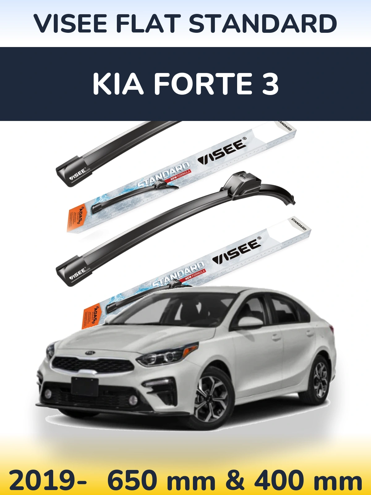 Front wiper blade set VISEE FLAT STANDARD 650 & 400 mm for KIA Forte 3 2019-2026