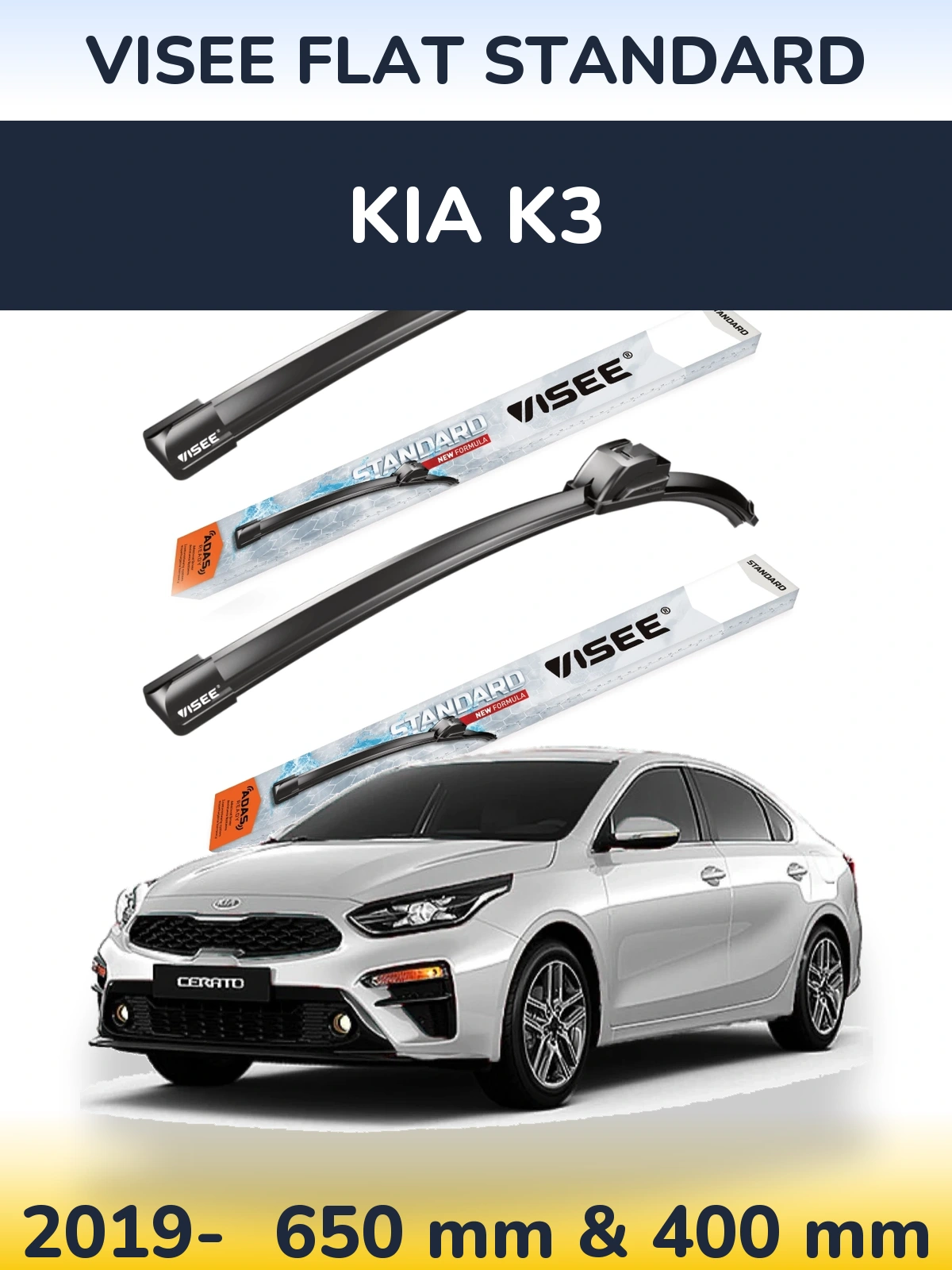 Komplet przednich wycieraczek VISEE FLAT STANDARD 650 & 400 mm do KIA K3 2019-2026