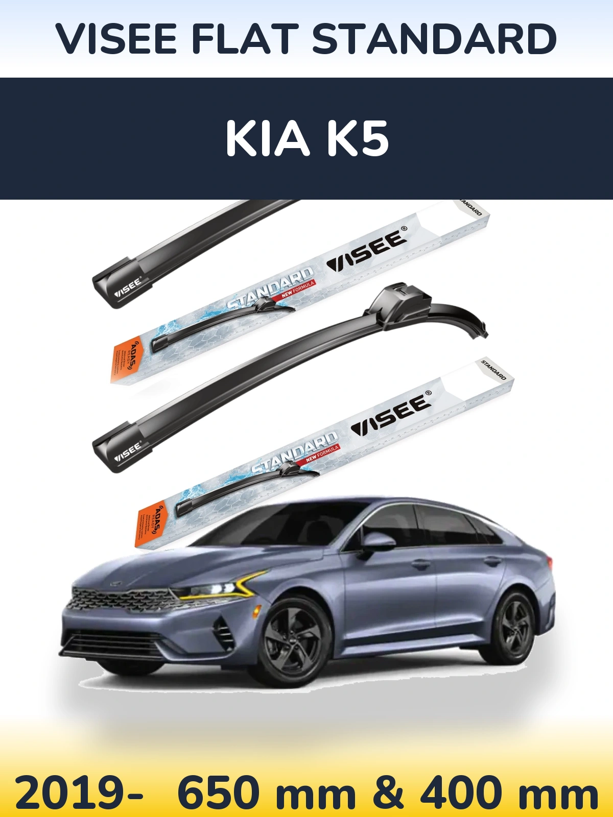Komplet przednich wycieraczek VISEE FLAT STANDARD 650 & 400 mm do KIA K5 2019-2026