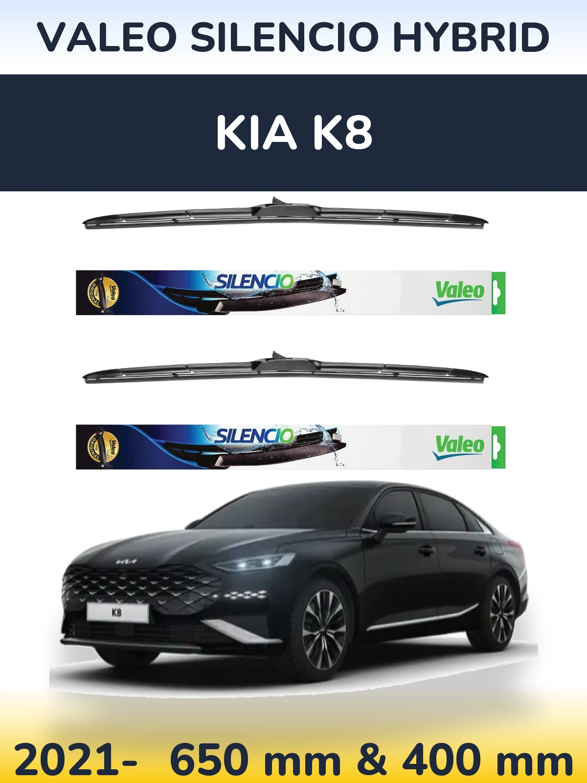 Komplet przednich wycieraczek Valeo Silencio Hybrid 650 & 400 mm do KIA K8 2021-2026