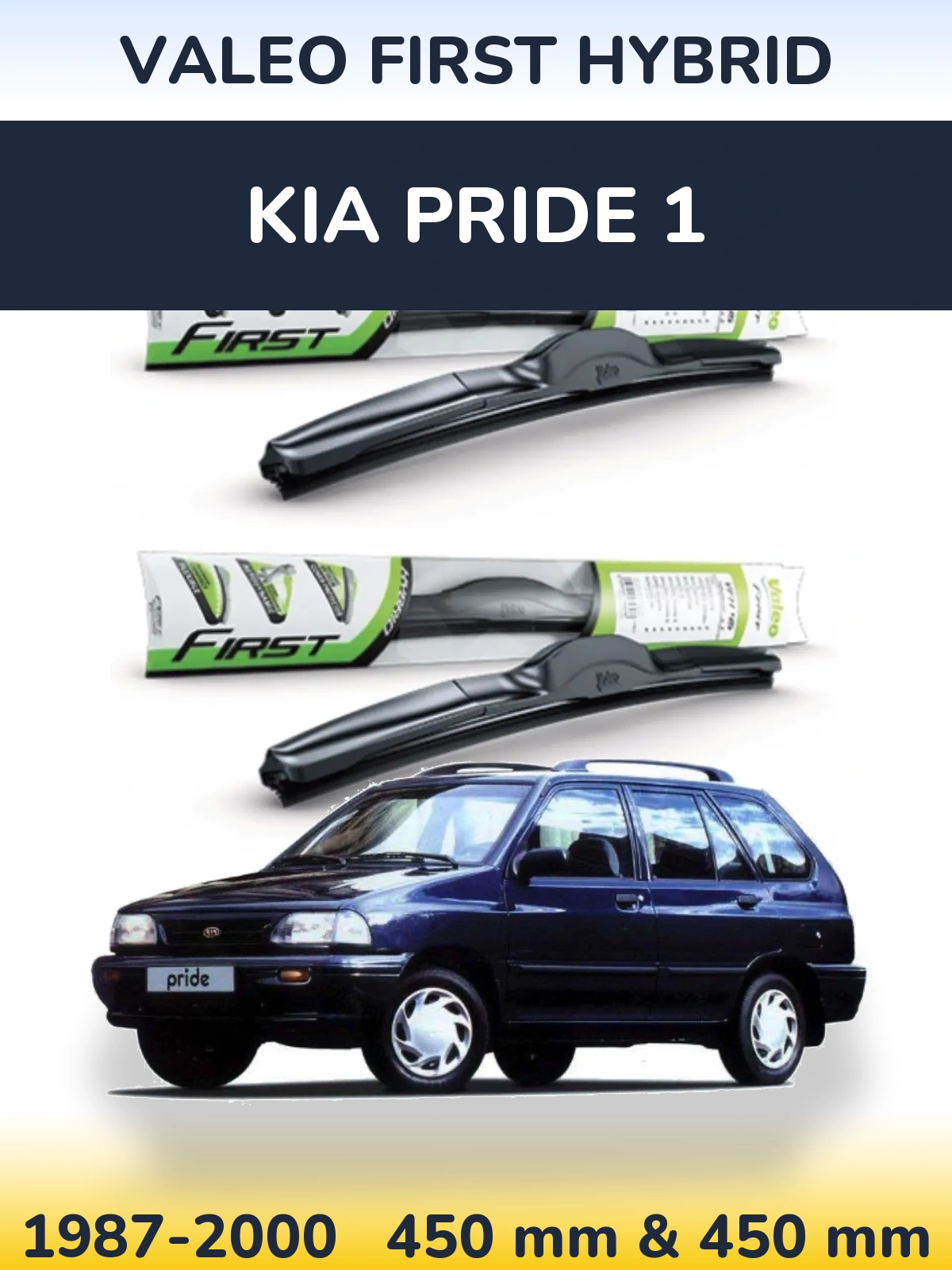 Front wiper blade set Valeo First Hybrid 450 & 450 mm for KIA Pride 1 1987-2000