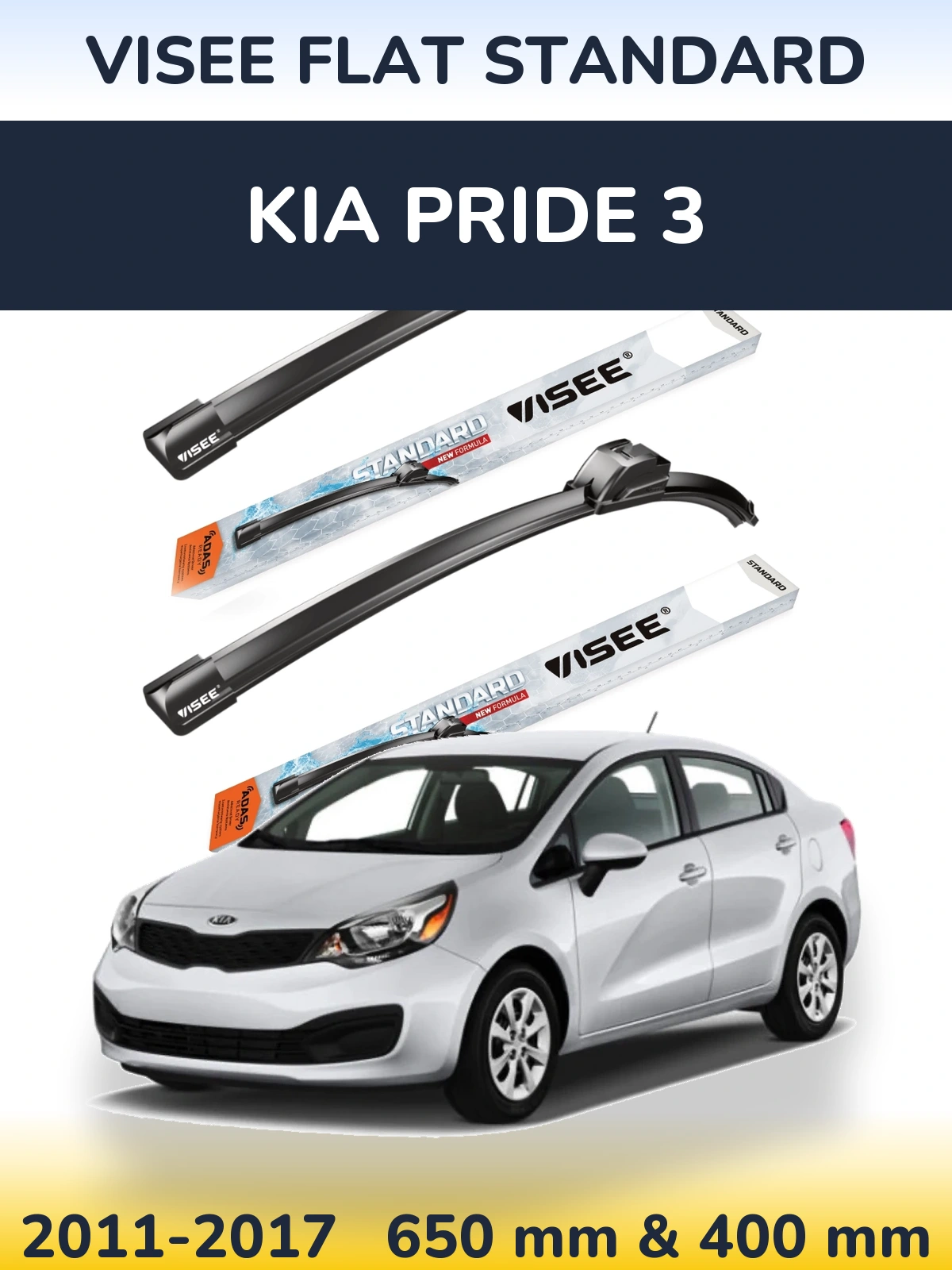 Komplet przednich wycieraczek VISEE FLAT STANDARD 650 & 400 mm do KIA Pride 3 2011-2017