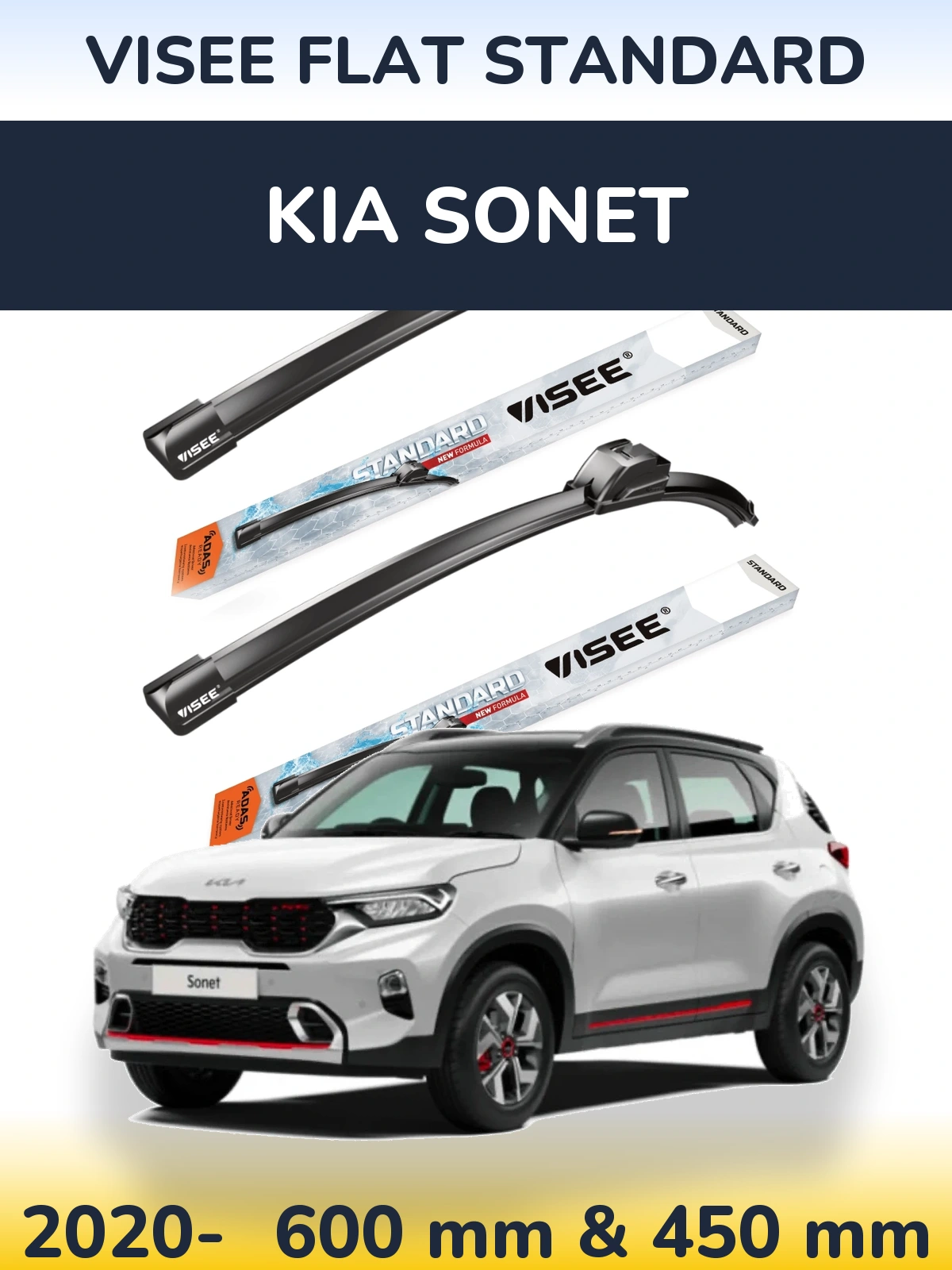 Komplet przednich wycieraczek VISEE FLAT STANDARD 600 & 450 mm do KIA Sonet 2020-2026