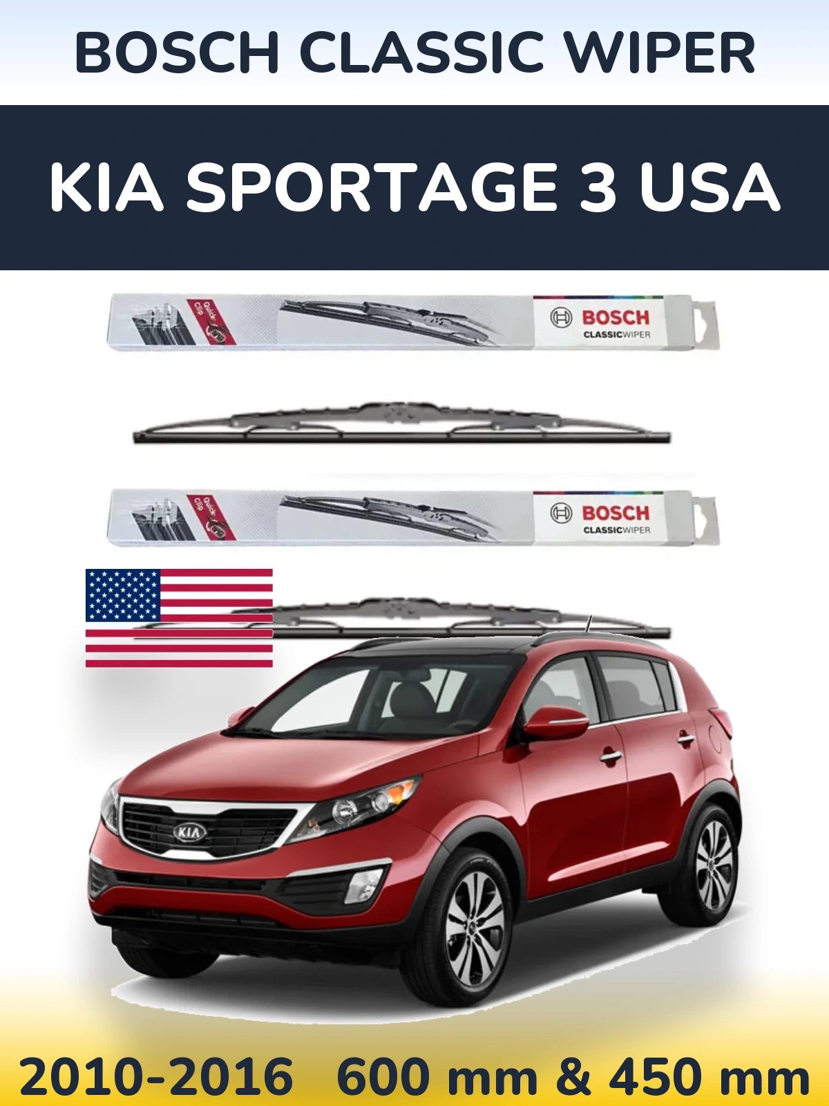 Komplet przednich wycieraczek BOSCH Classic Wiper 600 & 450 mm do KIA Sportage 3 USA 2010-2016