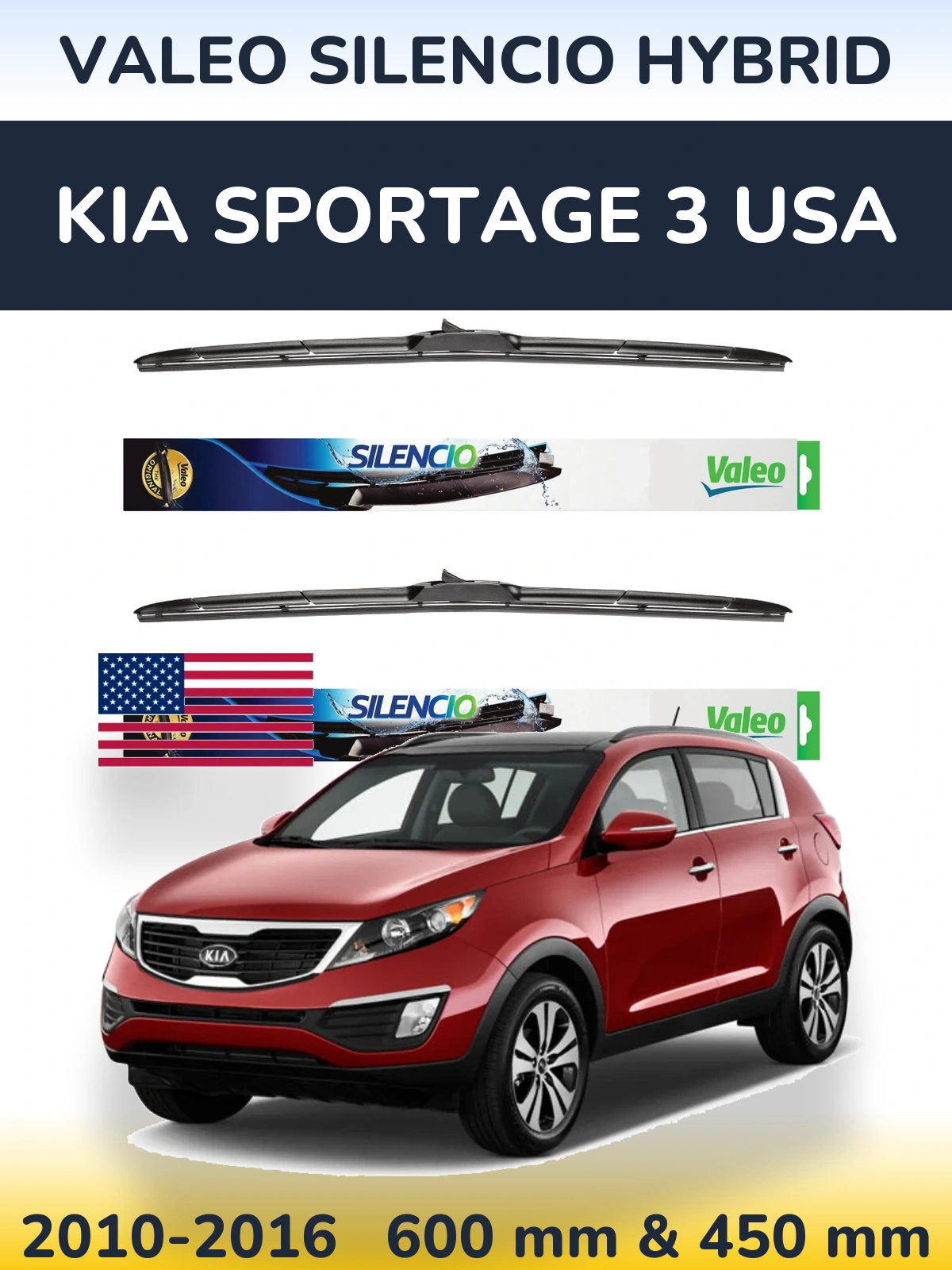Комплект передних дворников Valeo Silencio Hybrid 600 & 450 мм для KIA Sportage 3 USA 2010-2016