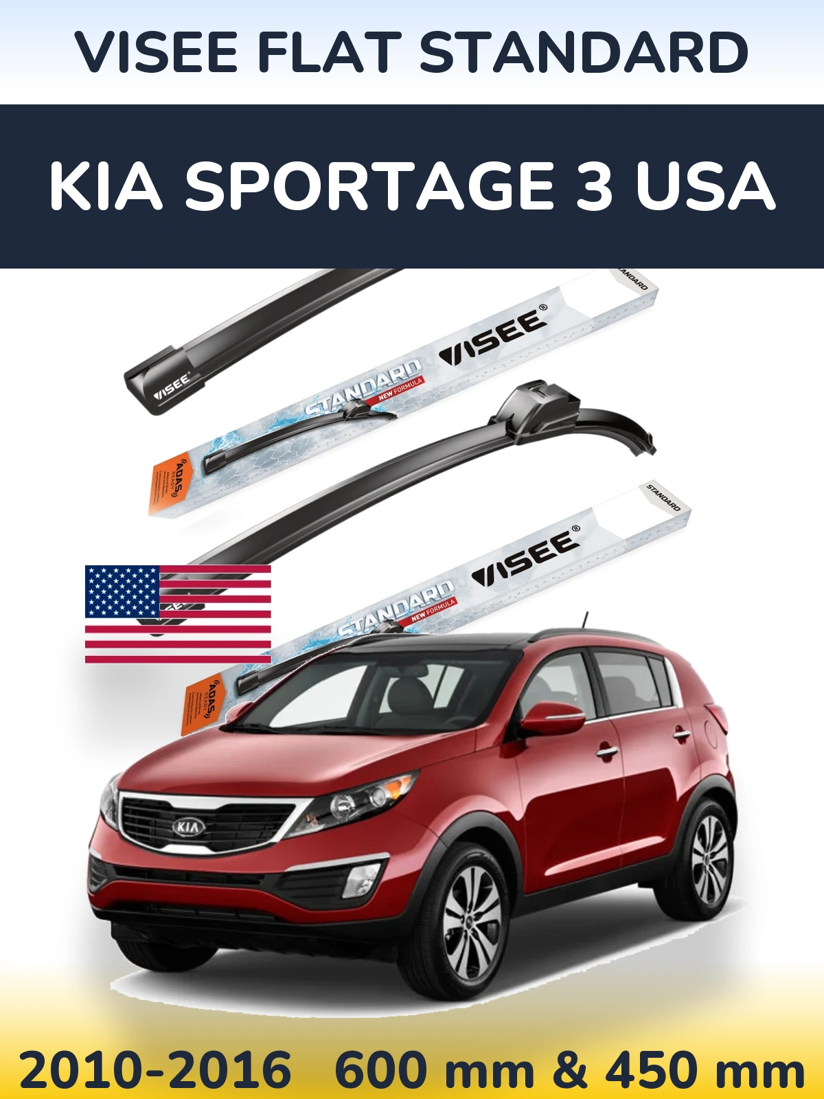 Komplet przednich wycieraczek VISEE FLAT STANDARD 600 & 450 mm do KIA Sportage 3 USA 2010-2016