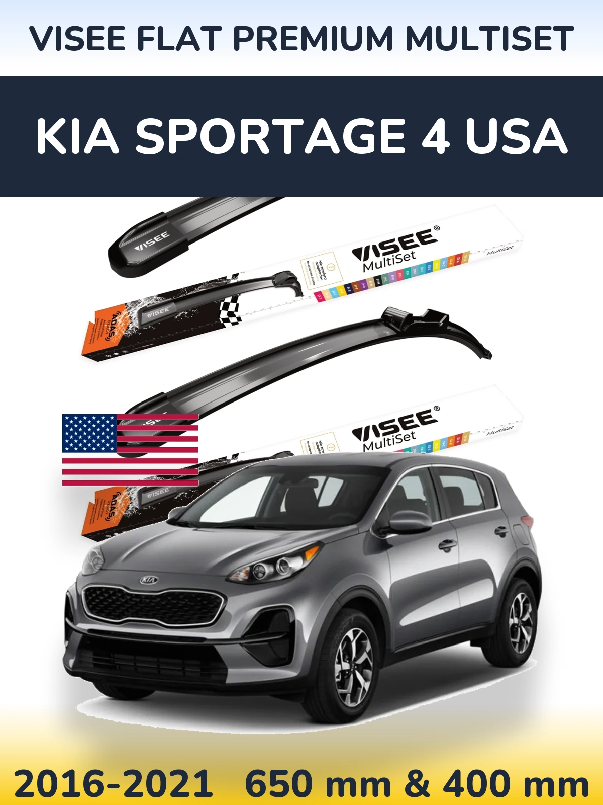 Komplet przednich wycieraczek VISEE FLAT PREMIUM MultiSet 650 & 400 mm do KIA Sportage 4 USA 2016-2021