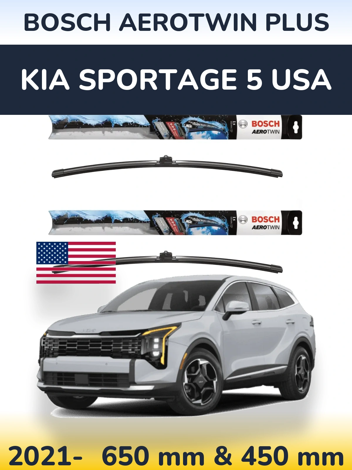 Komplet przednich wycieraczek BOSCH AeroTwin Plus 650 & 450 mm do KIA Sportage 5 USA 2021-2026