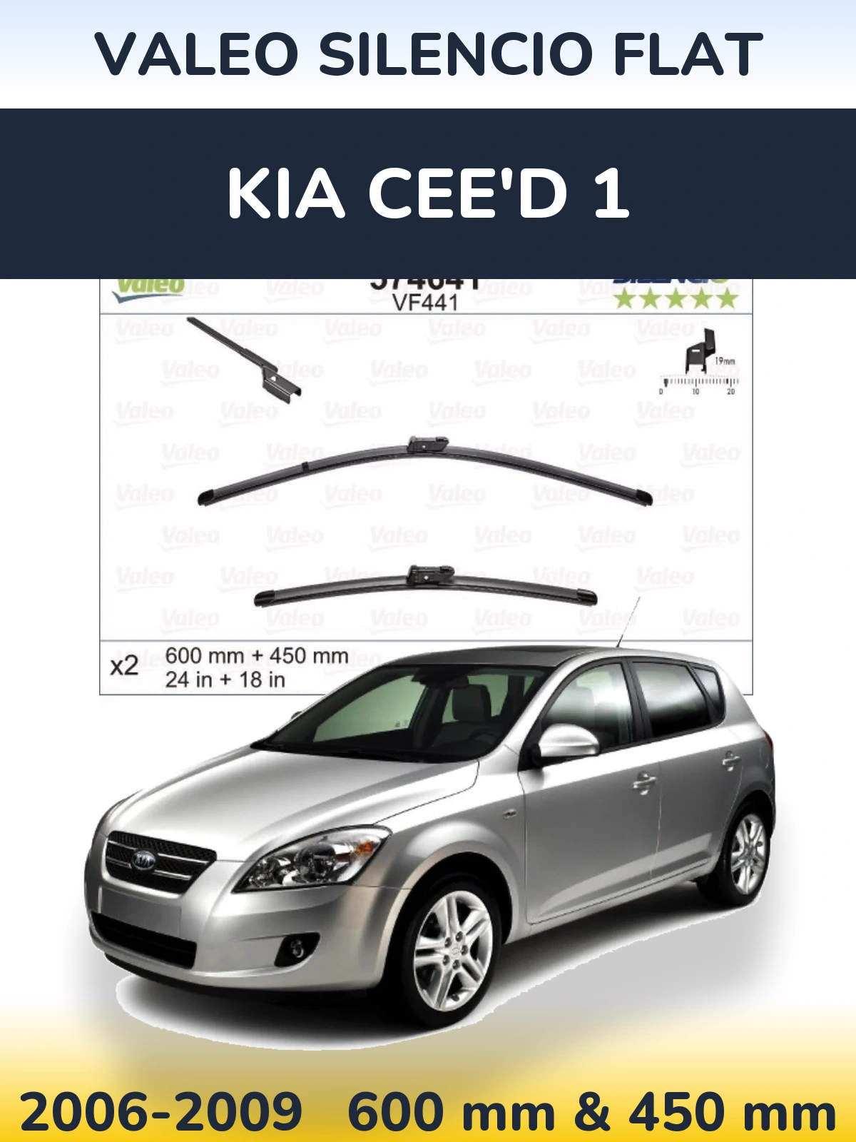 Komplet przednich wycieraczek Valeo Silencio Flat 600 & 450 mm do KIA Cee'd 1 2006-2009