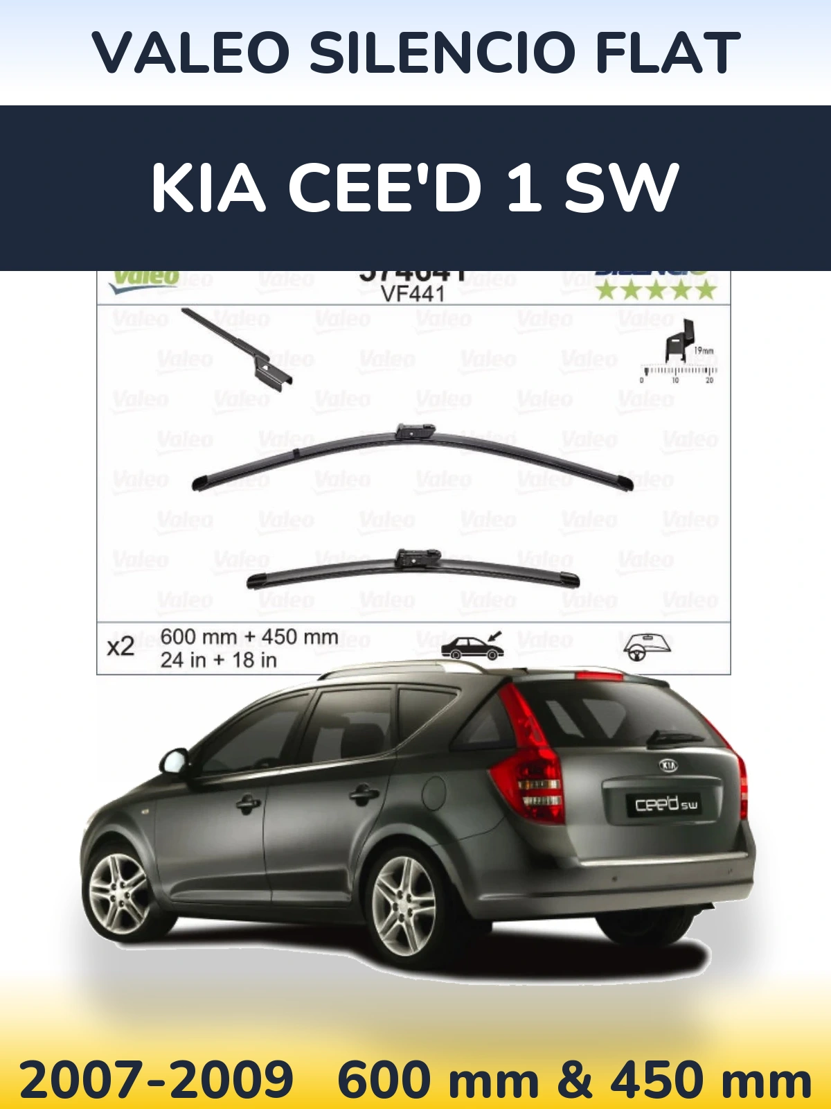 Komplet przednich wycieraczek Valeo Silencio Flat 600 & 450 mm do KIA Cee'd 1 SW 2007-2009