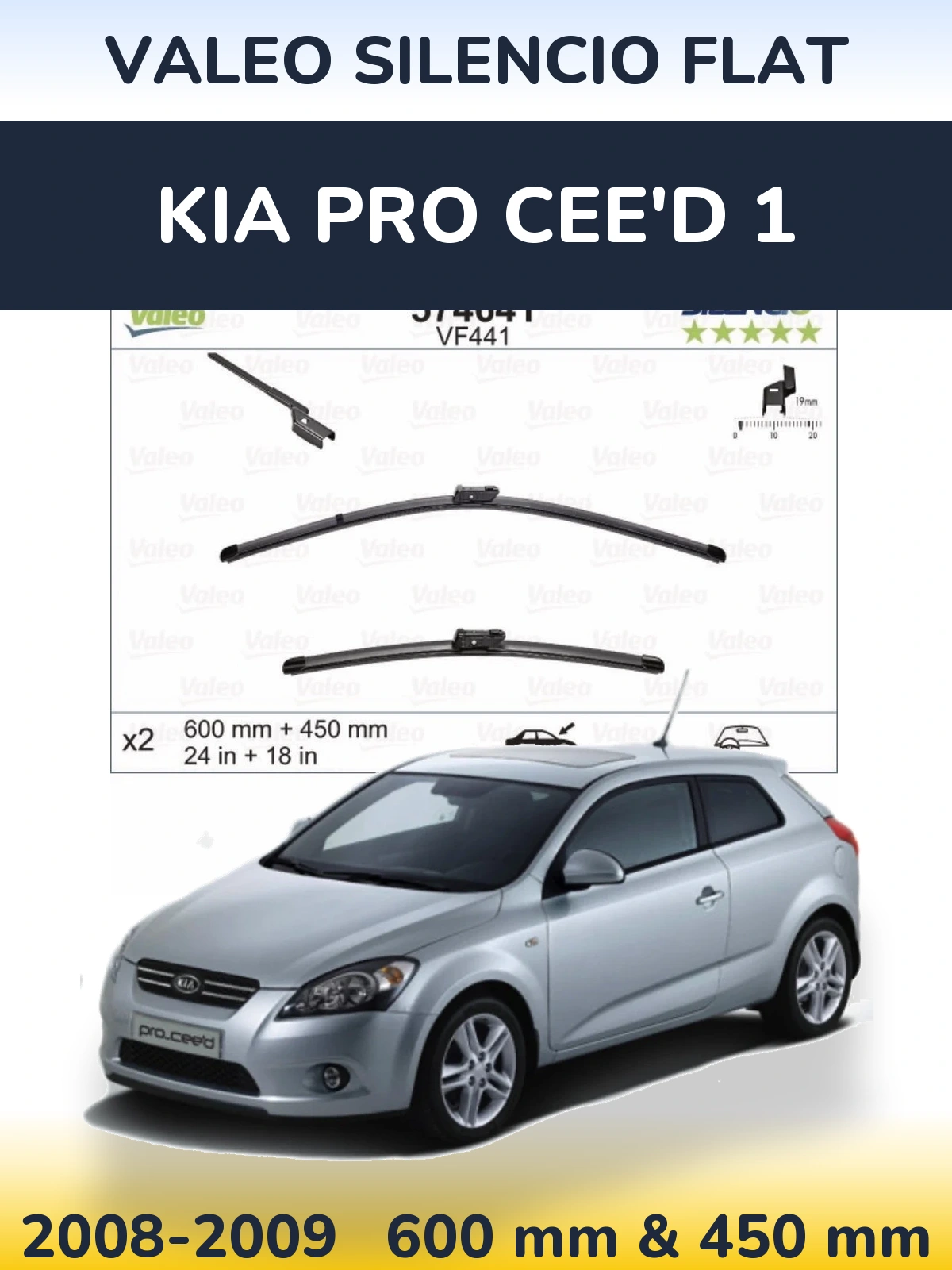 Комплект передних дворников Valeo Silencio Flat 600 & 450 мм для KIA Pro Cee'd 1 2008-2009