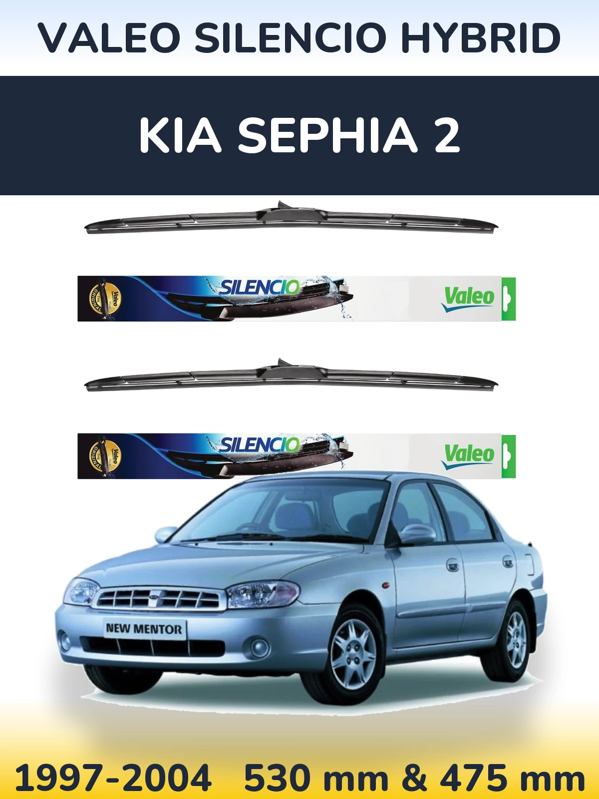 Front wiper blade set Valeo Silencio Hybrid 530 & 475 mm for KIA Sephia 2 1997-2004