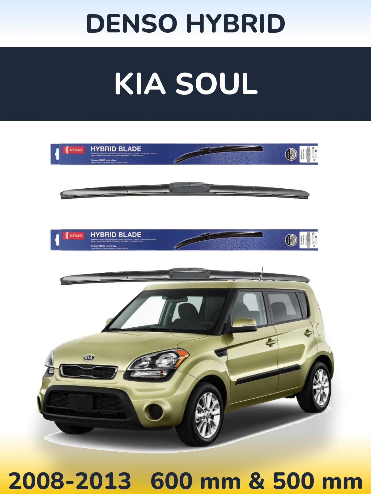 Komplet przednich wycieraczek Denso Hybrid 600 & 500 mm do KIA Soul 2008-2013