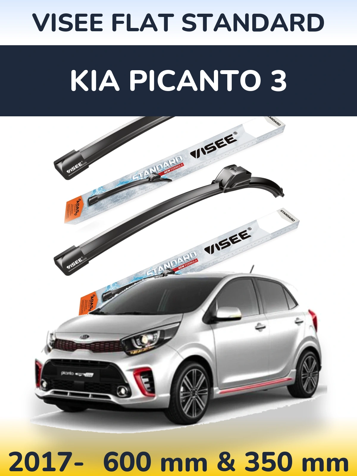 Komplet przednich wycieraczek VISEE FLAT STANDARD 600 & 350 mm do KIA Picanto 3 2017-2026