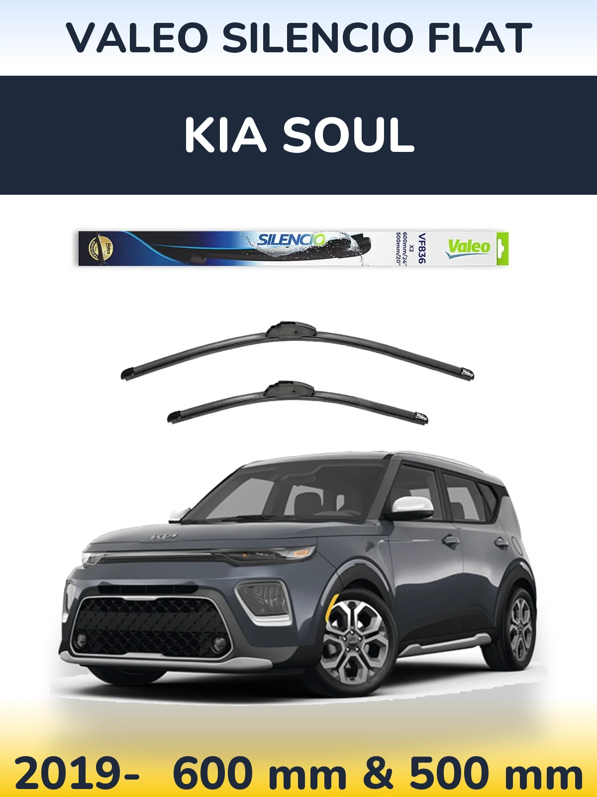 Front wiper blade set Valeo Silencio Flat 600 & 500 mm for KIA Soul 2019-2026