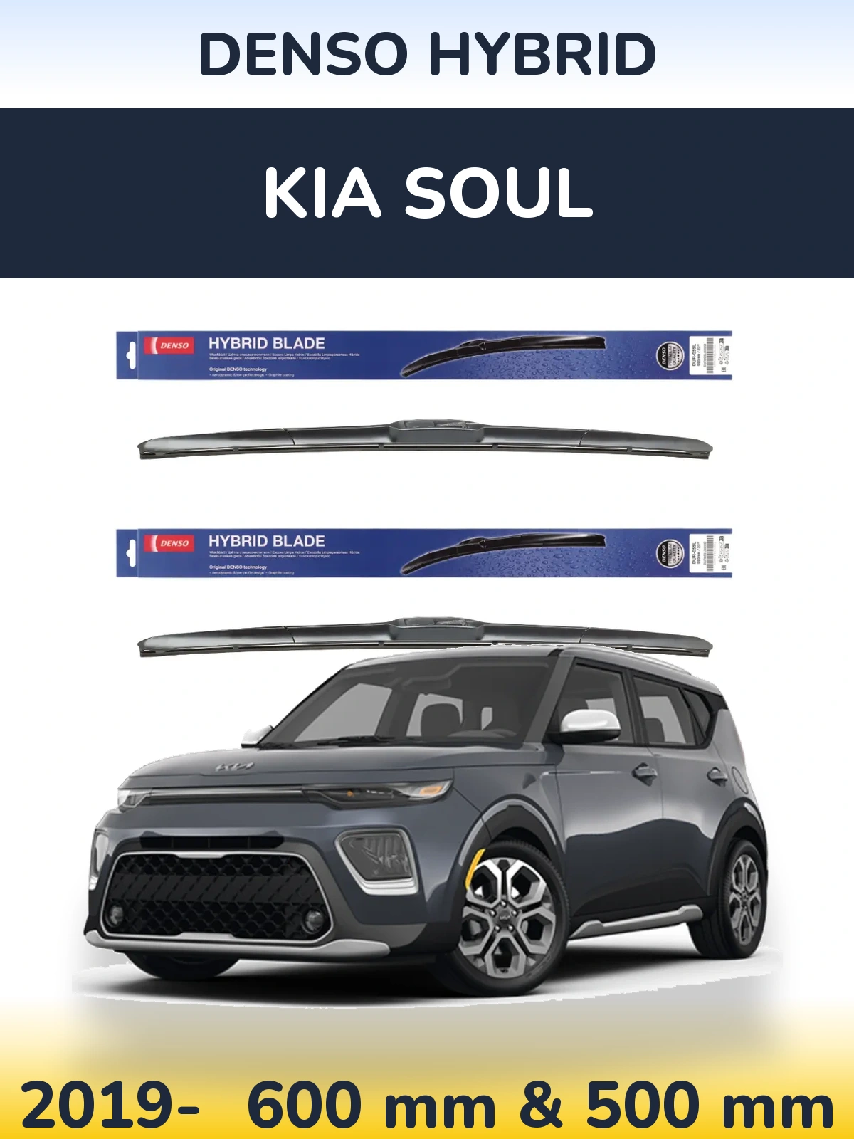 Front wiper blade set Denso Hybrid 600 & 500 mm for KIA Soul 2019-2026