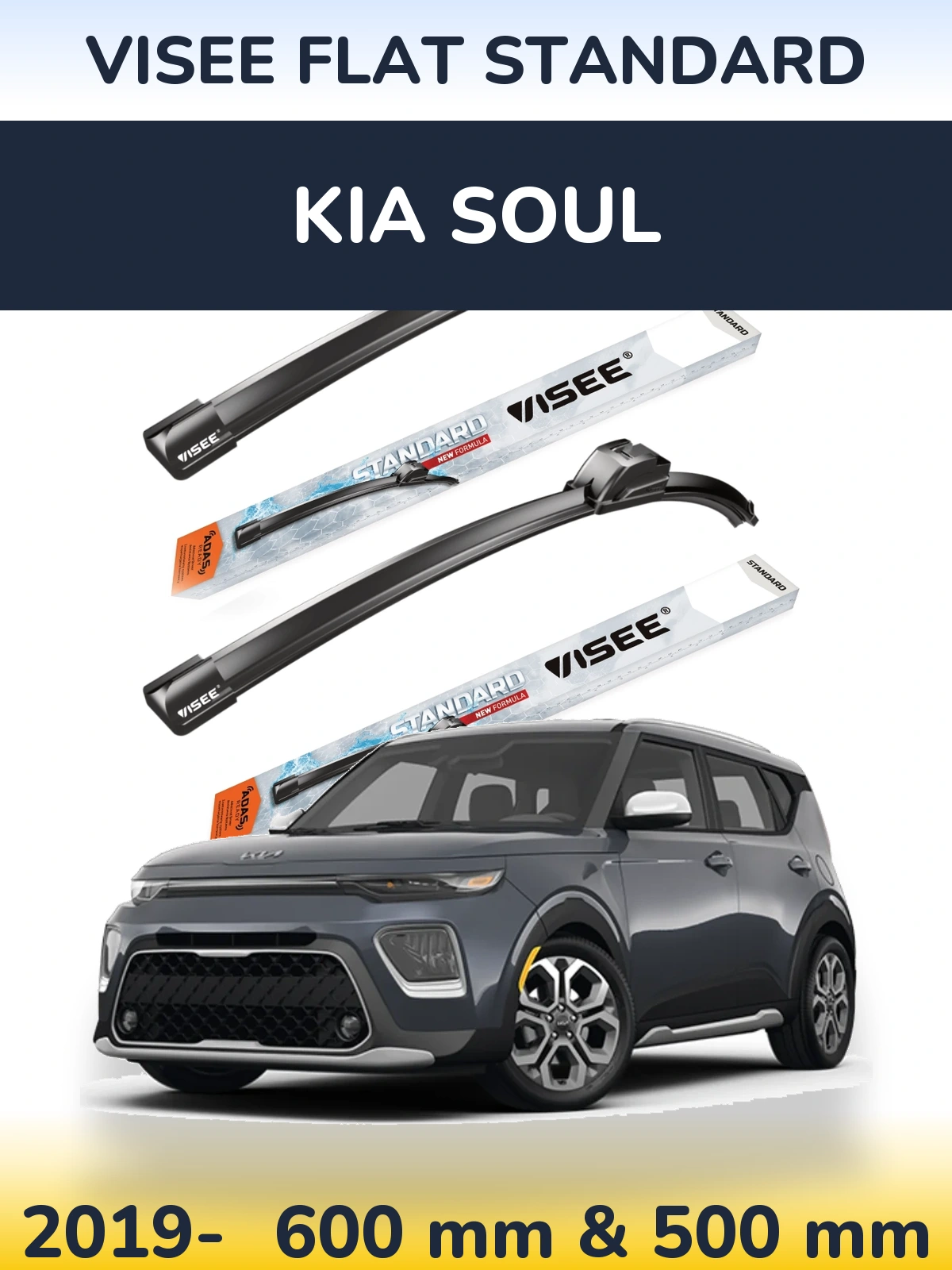 Komplet przednich wycieraczek VISEE FLAT STANDARD 600 & 500 mm do KIA Soul 2019-2026