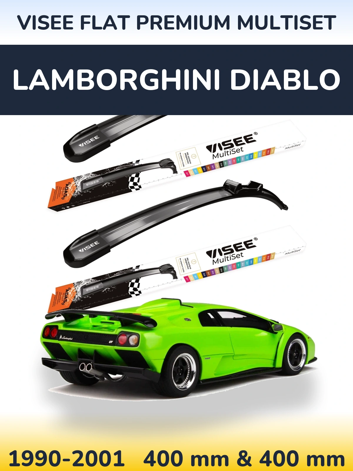 Komplet przednich wycieraczek VISEE FLAT PREMIUM MultiSet 400 & 400 mm do Lamborghini Diablo 1990-2001