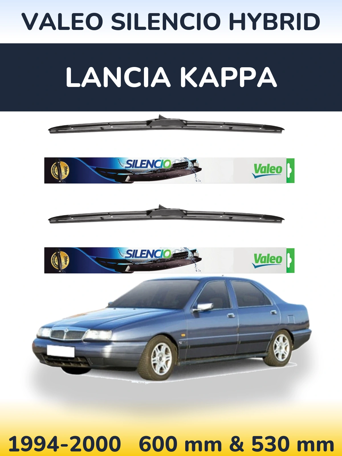 Front wiper blade set Valeo Silencio Hybrid 600 & 530 mm for Lancia Kappa 1994-2000