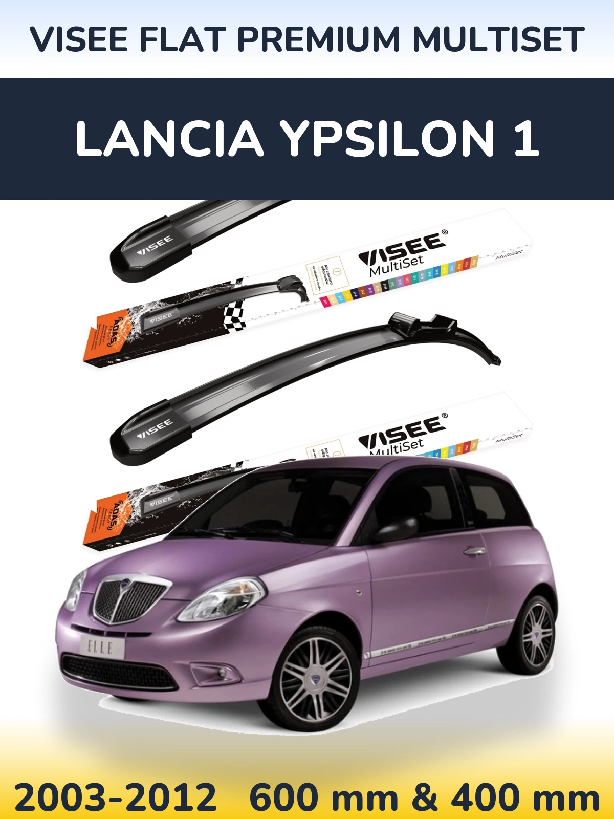 Front wiper blade set VISEE FLAT PREMIUM MultiSet 600 & 400 mm for Lancia Ypsilon 1 2003-2012