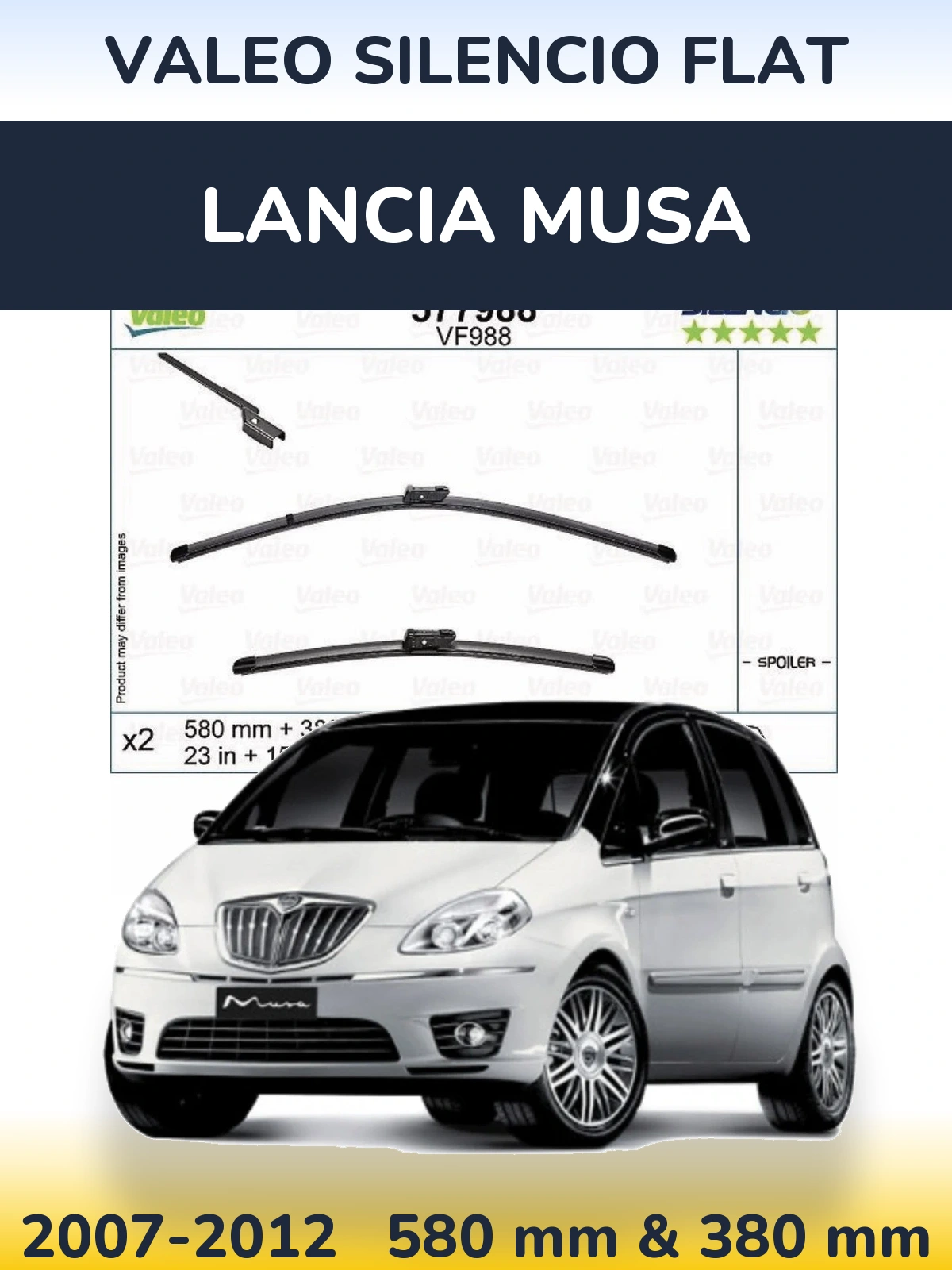 Komplet przednich wycieraczek Valeo Silencio Flat 580 & 380 mm do Lancia Musa 2007-2012