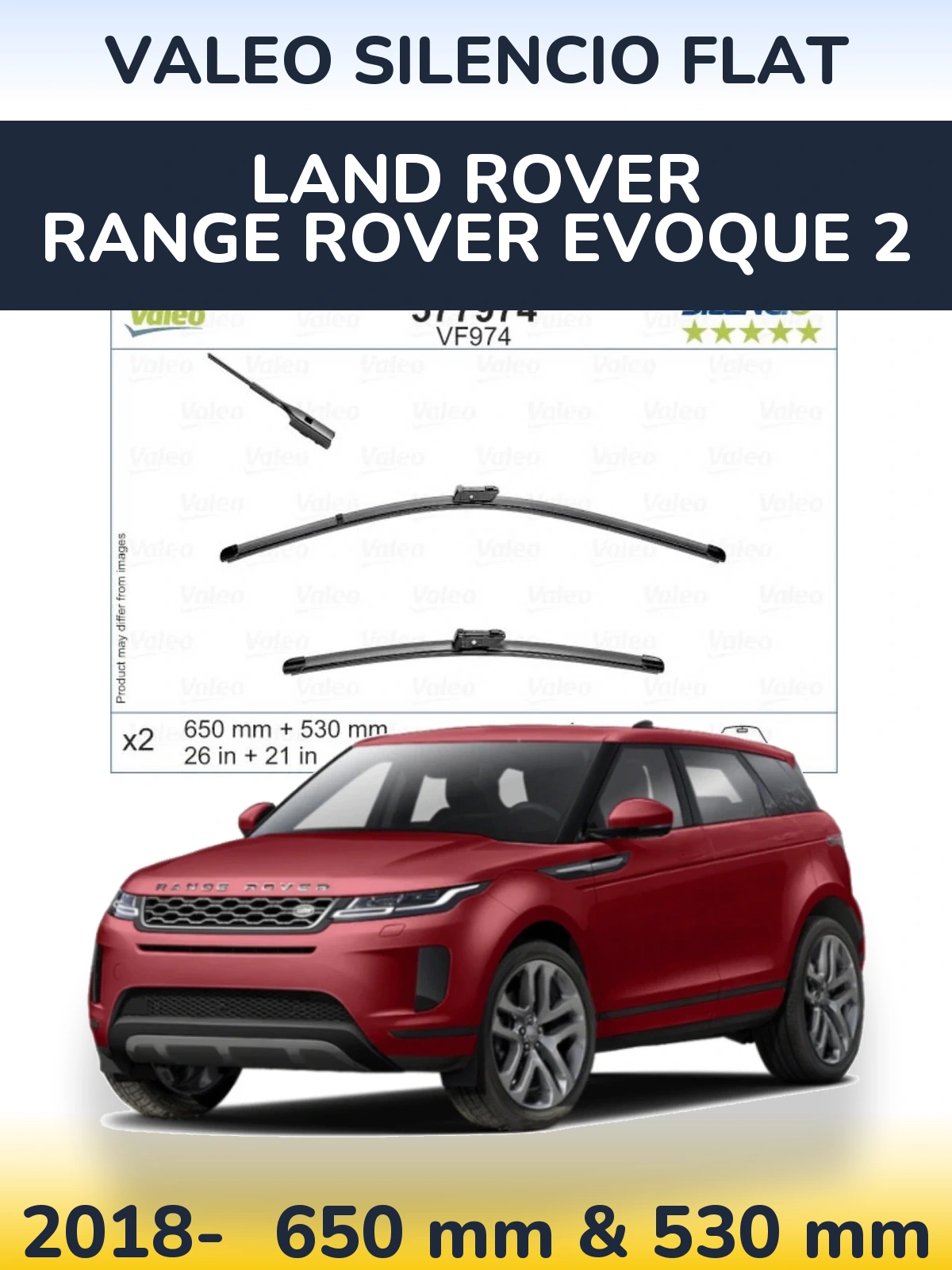 Komplet przednich wycieraczek Valeo Silencio Flat 650 & 530 mm do Land Rover Range Rover  Evoque 2 2018-2026