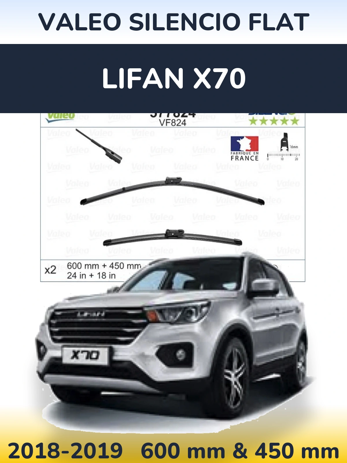 Komplet przednich wycieraczek Valeo Silencio Flat 600 & 450 mm do Lifan X70 2018-2019