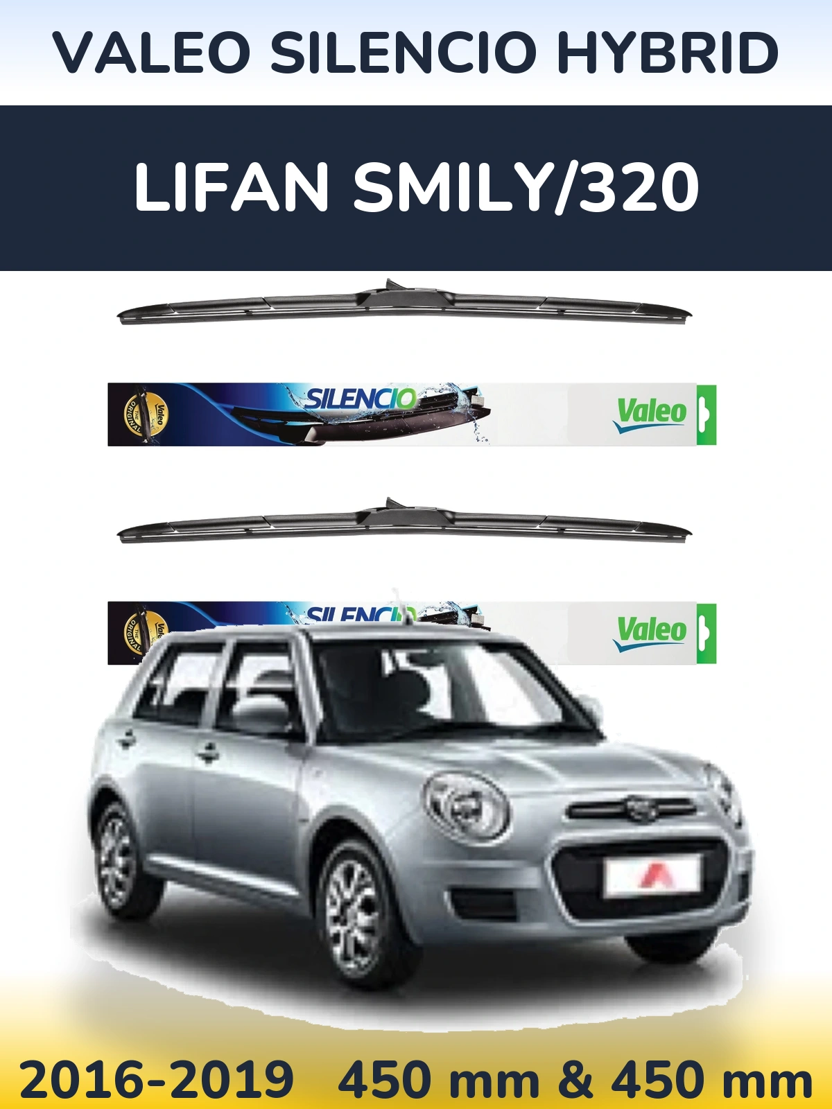 Komplet przednich wycieraczek Valeo Silencio Hybrid 450 & 450 mm do Lifan Smily/320 2016-2019