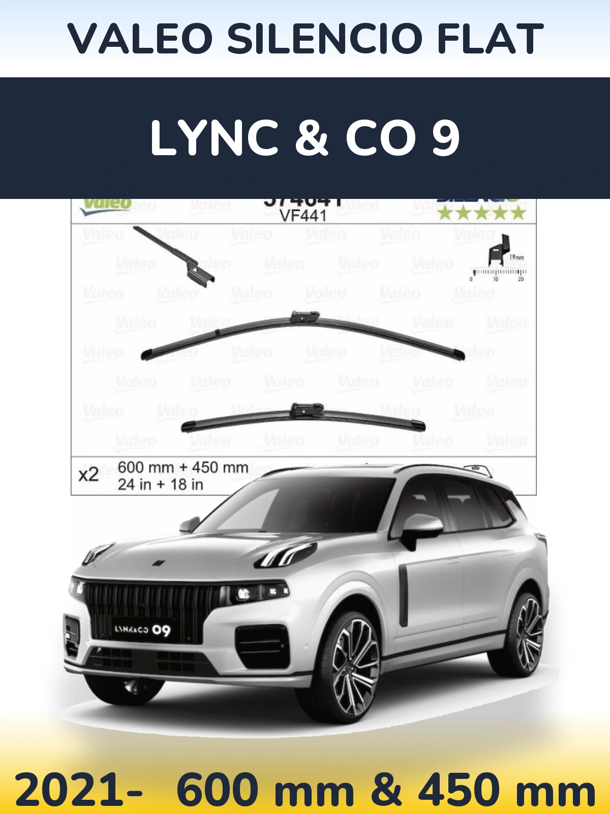 Komplet przednich wycieraczek Valeo Silencio Flat 600 & 450 mm do Lync & Co 9 2021-2026