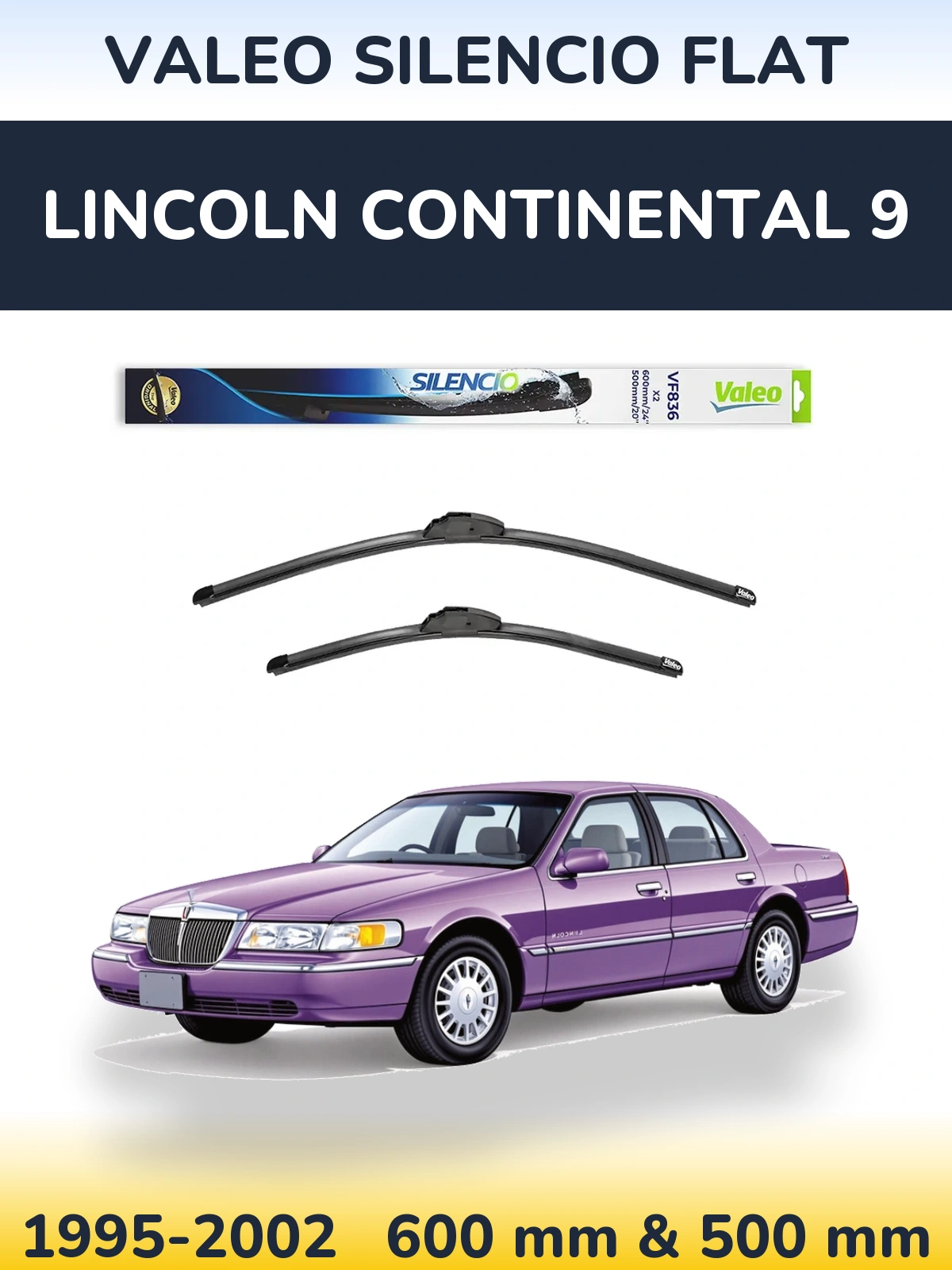 Komplet przednich wycieraczek Valeo Silencio Flat 600 & 500 mm do Lincoln Continental 9 1995-2002