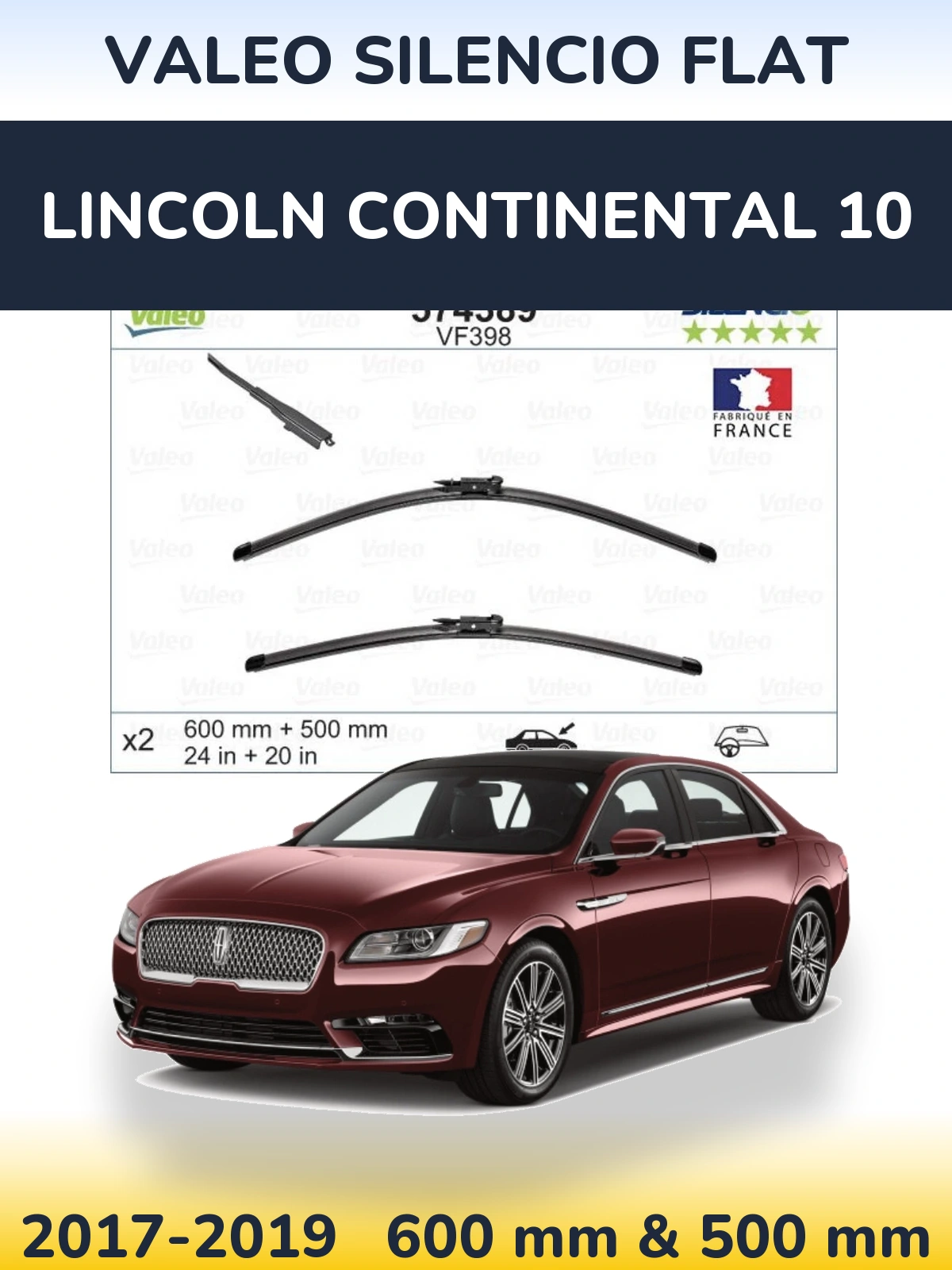 Komplet przednich wycieraczek Valeo Silencio Flat 600 & 500 mm do Lincoln Continental 10 2017-2019