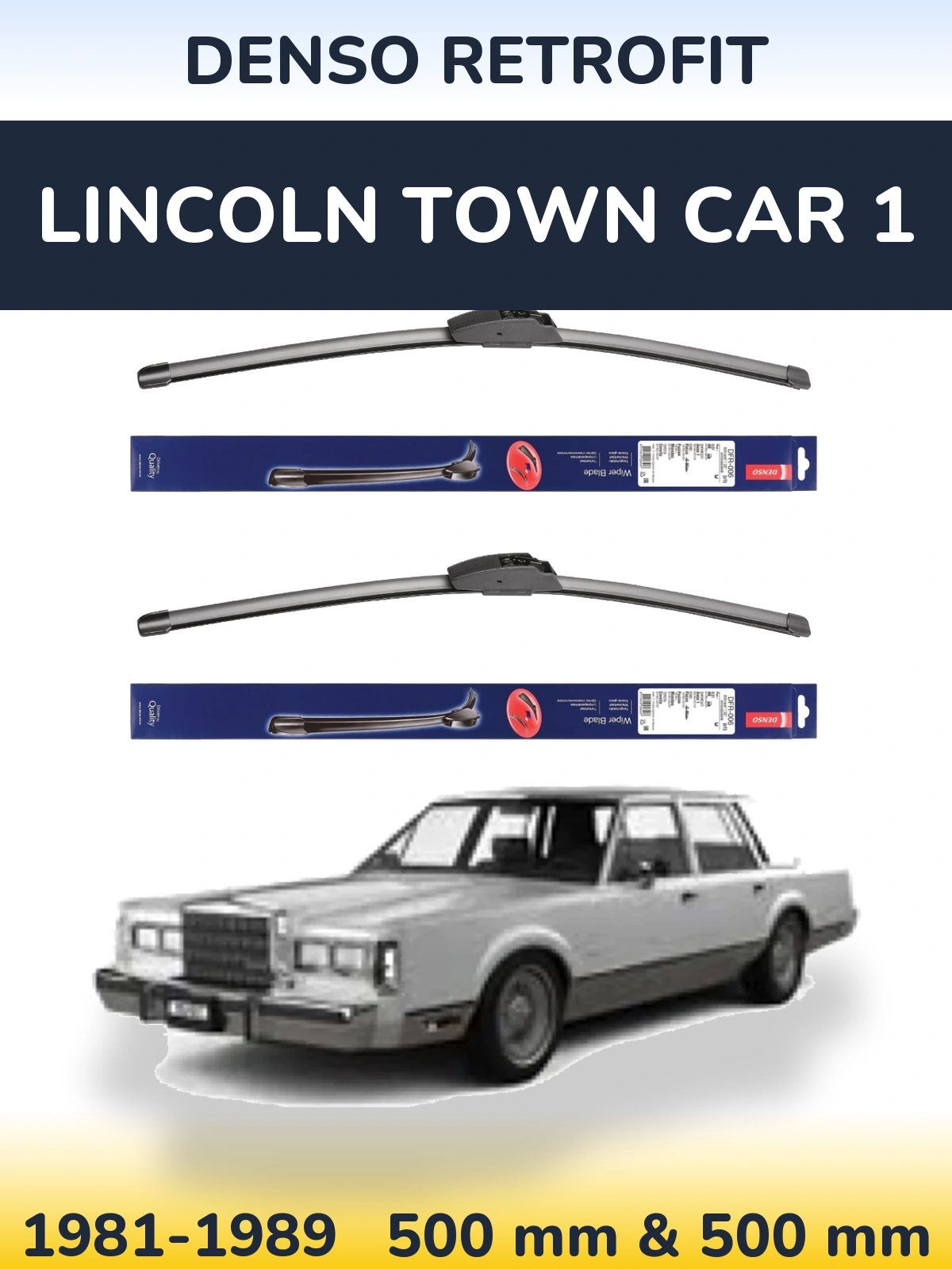 Komplet przednich wycieraczek Denso Retrofit 500 & 500 mm do Lincoln Town Car 1 1981-1989