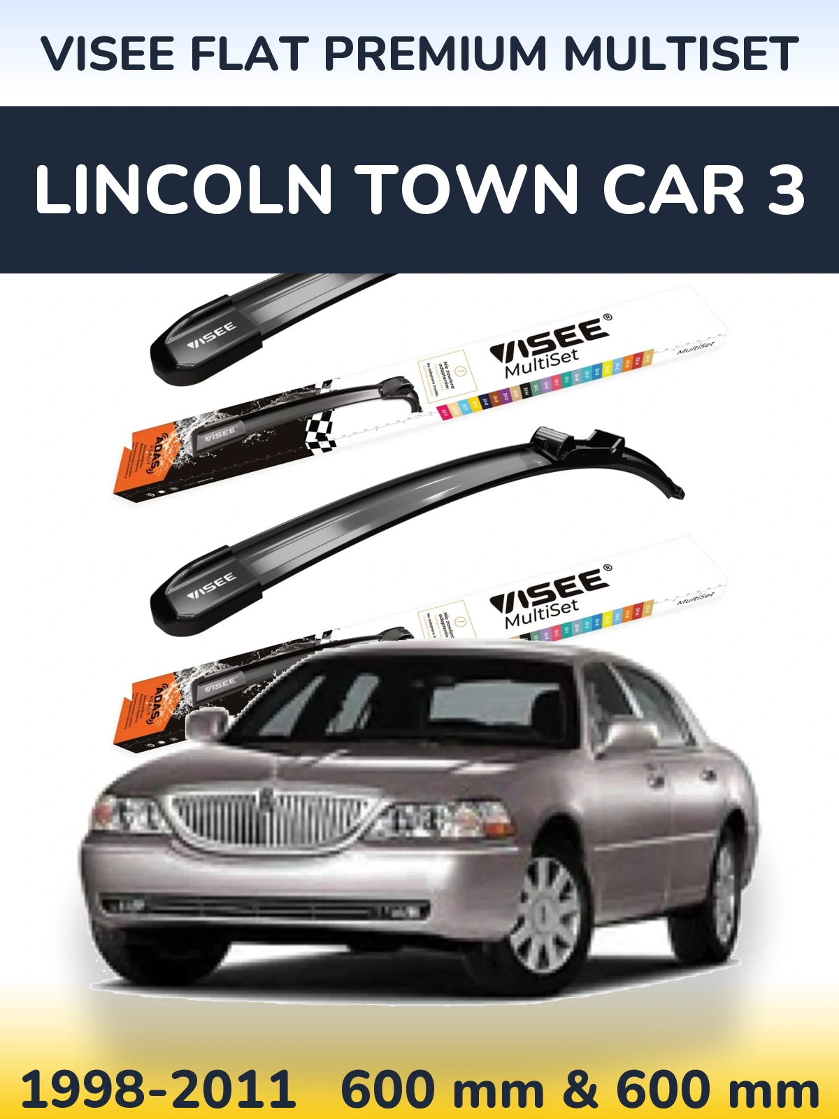 Komplet przednich wycieraczek VISEE FLAT PREMIUM MultiSet 600 & 600 mm do Lincoln Town Car 3 1998-2011