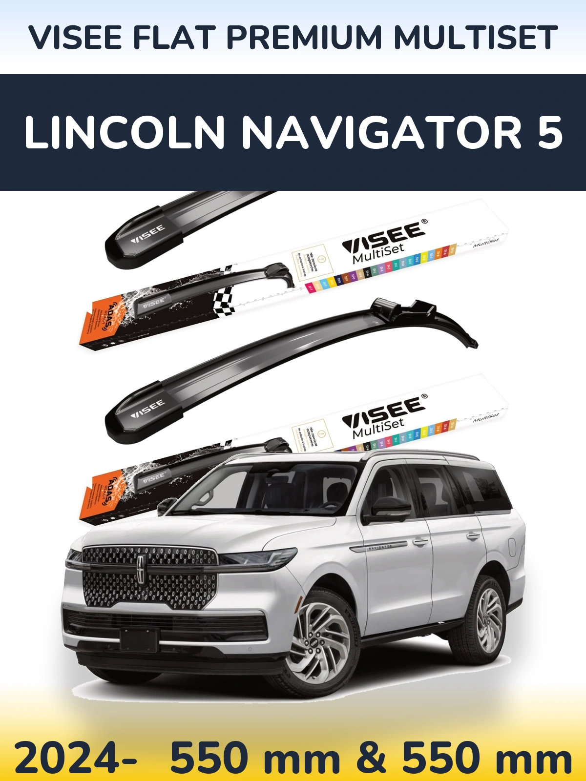 Komplet przednich wycieraczek VISEE FLAT PREMIUM MultiSet 550 & 550 mm do Lincoln Navigator 5 2024-2026