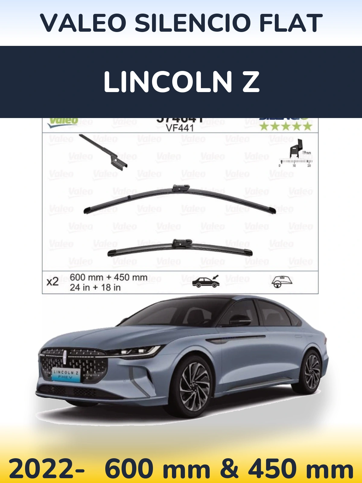 Komplet przednich wycieraczek Valeo Silencio Flat 600 & 450 mm do Lincoln Z 2022-2026