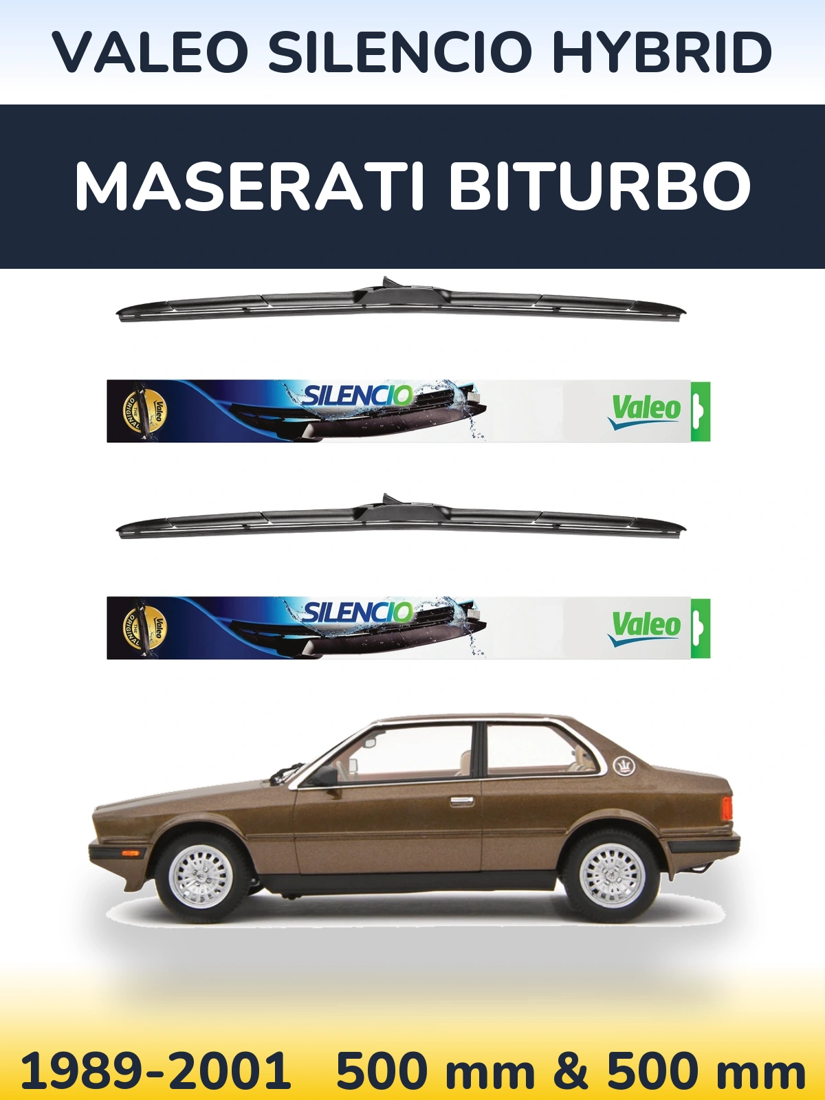 Komplet przednich wycieraczek Valeo Silencio Hybrid 500 & 500 mm do Maserati Biturbo 1989-2001