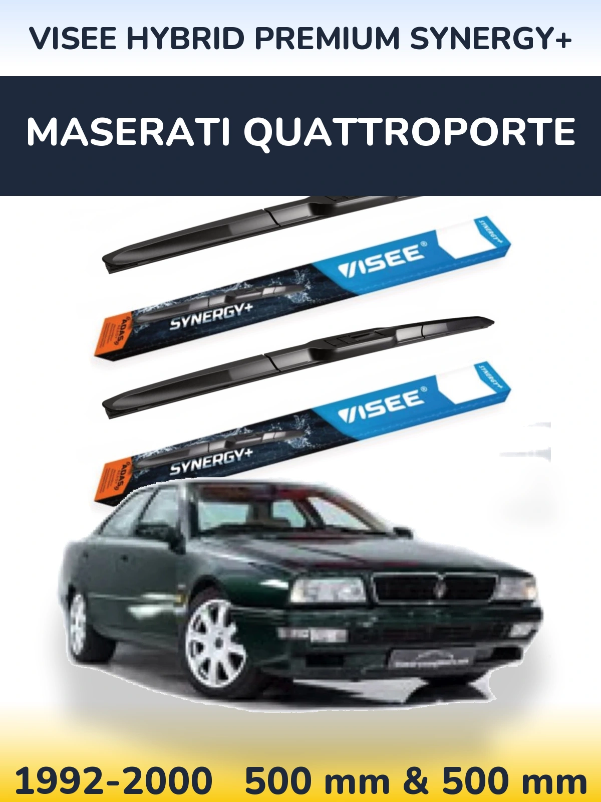 Front wiper blade set VISEE HYBRID PREMIUM SYNERGY+ 500 & 500 mm for Maserati Quattroporte 1992-2000
