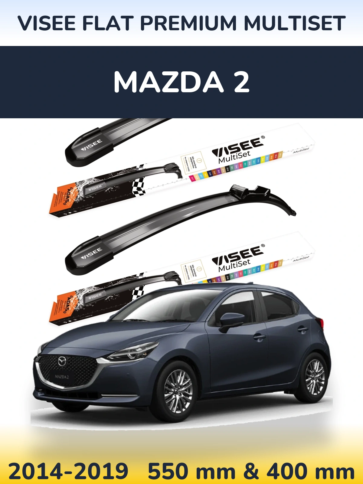 Komplet przednich wycieraczek VISEE FLAT PREMIUM MultiSet 550 & 400 mm do Mazda 2 2014-2019