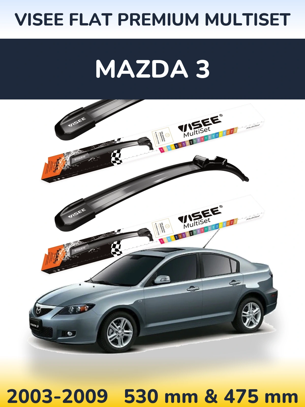 Komplet przednich wycieraczek VISEE FLAT PREMIUM MultiSet 530 & 475 mm do Mazda 3 2003-2009