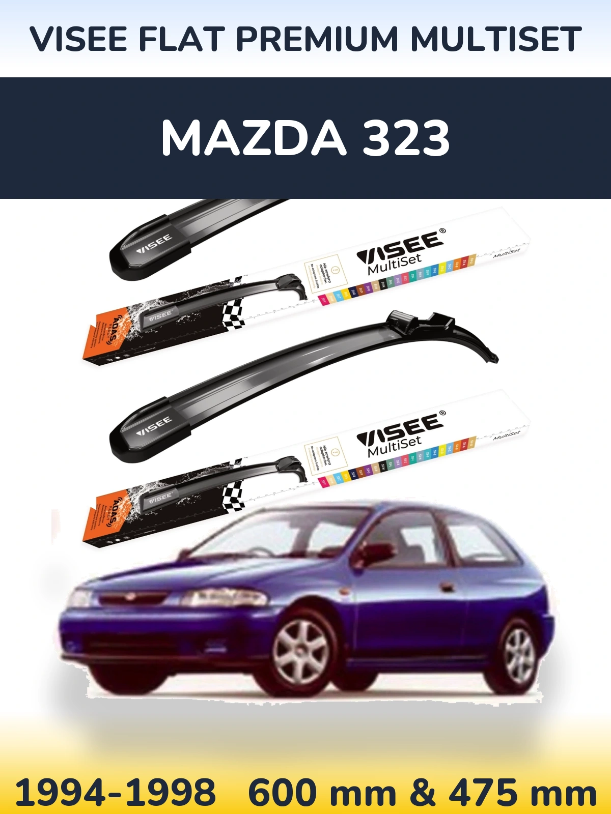Komplet przednich wycieraczek VISEE FLAT PREMIUM MultiSet 600 & 475 mm do Mazda 323 1994-1998
