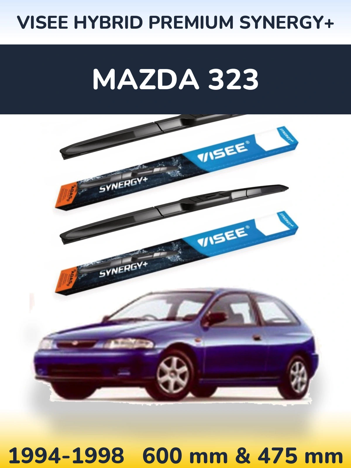 Komplet przednich wycieraczek VISEE HYBRID PREMIUM SYNERGY+ 600 & 475 mm do Mazda 323 1994-1998
