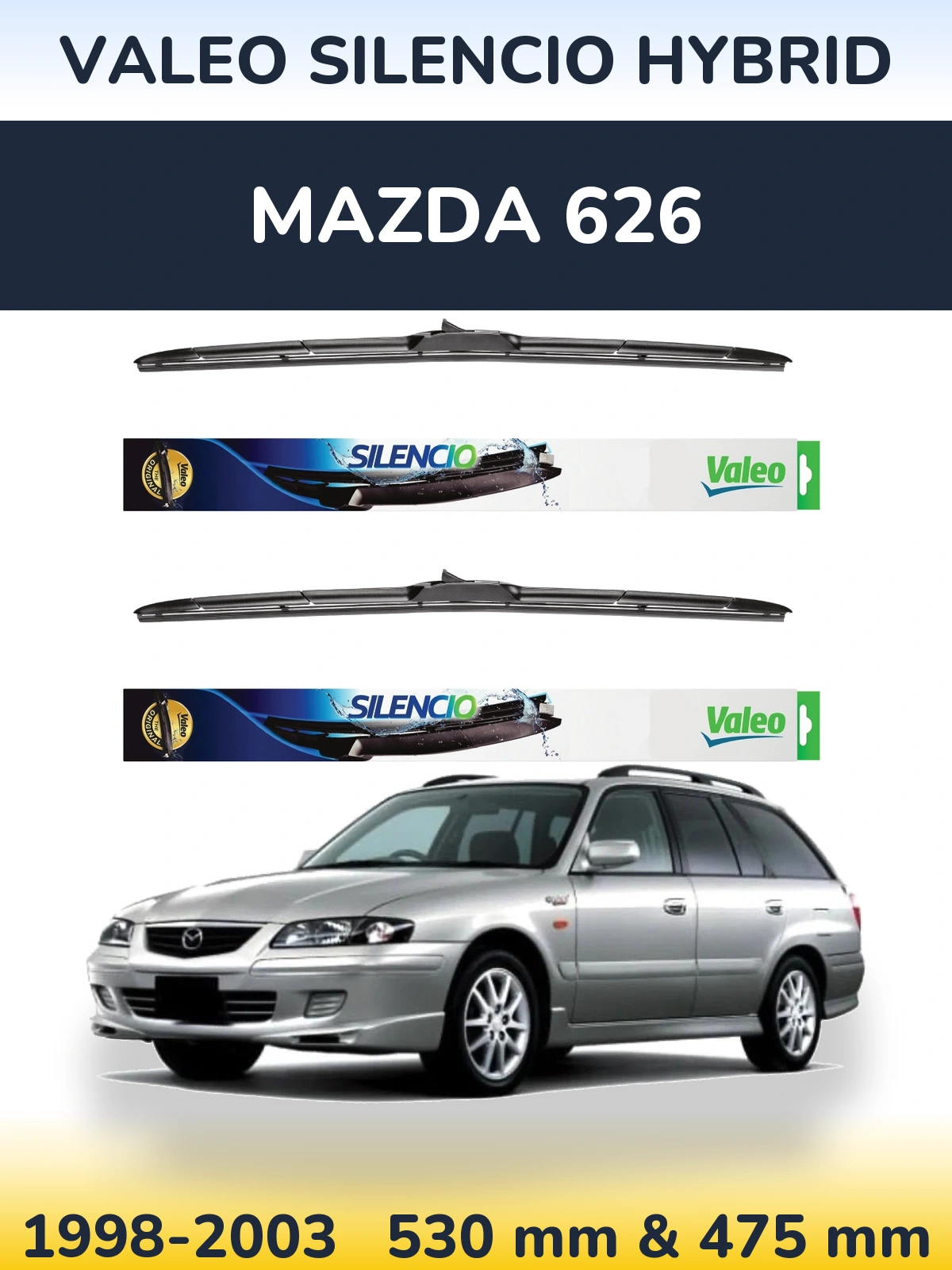 Komplet przednich wycieraczek Valeo Silencio Hybrid 530 & 475 mm do Mazda 626 1998-2003