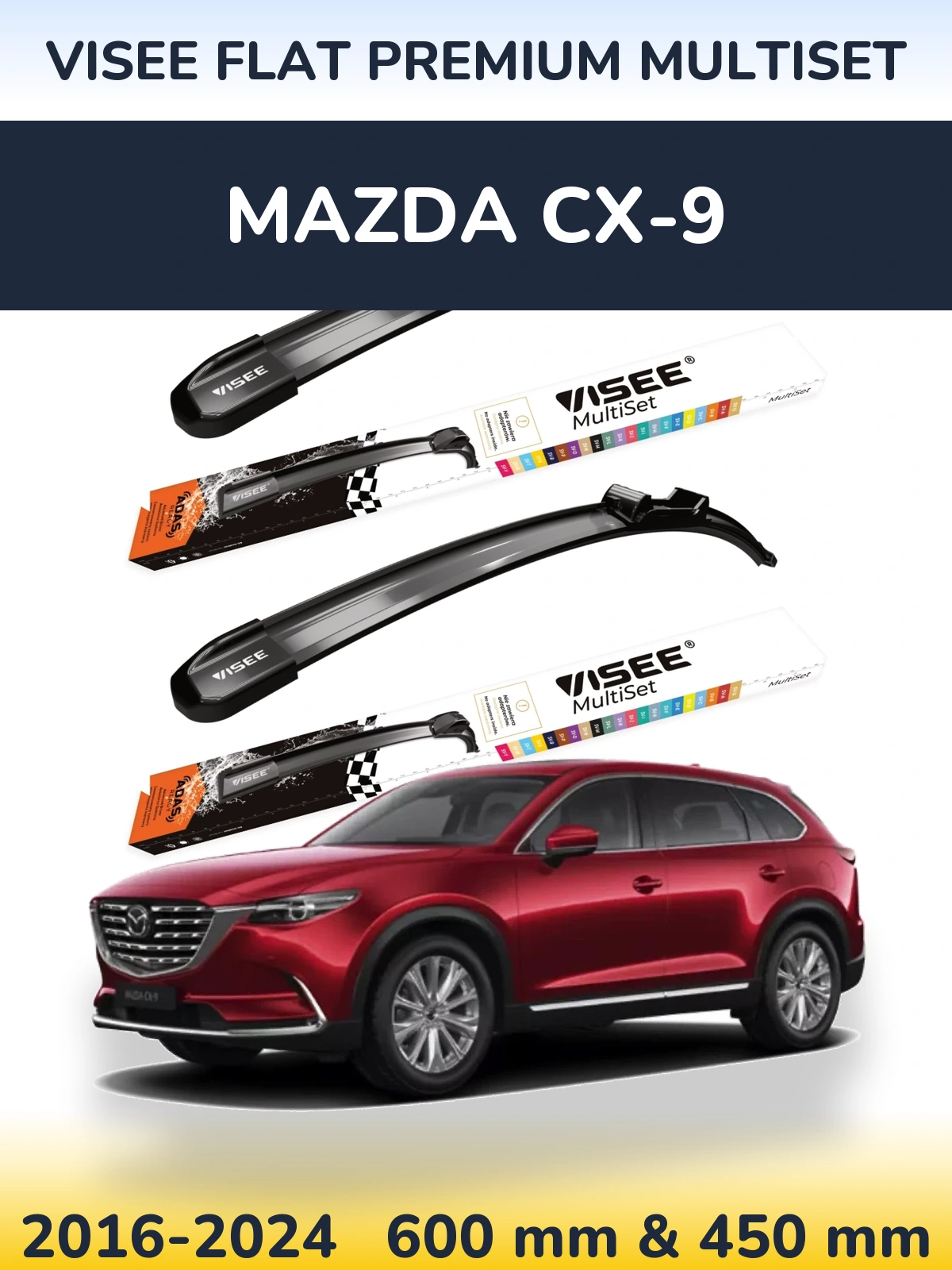 Front wiper blade set VISEE FLAT PREMIUM MultiSet 600 & 450 mm for Mazda CX-9 2016-2024